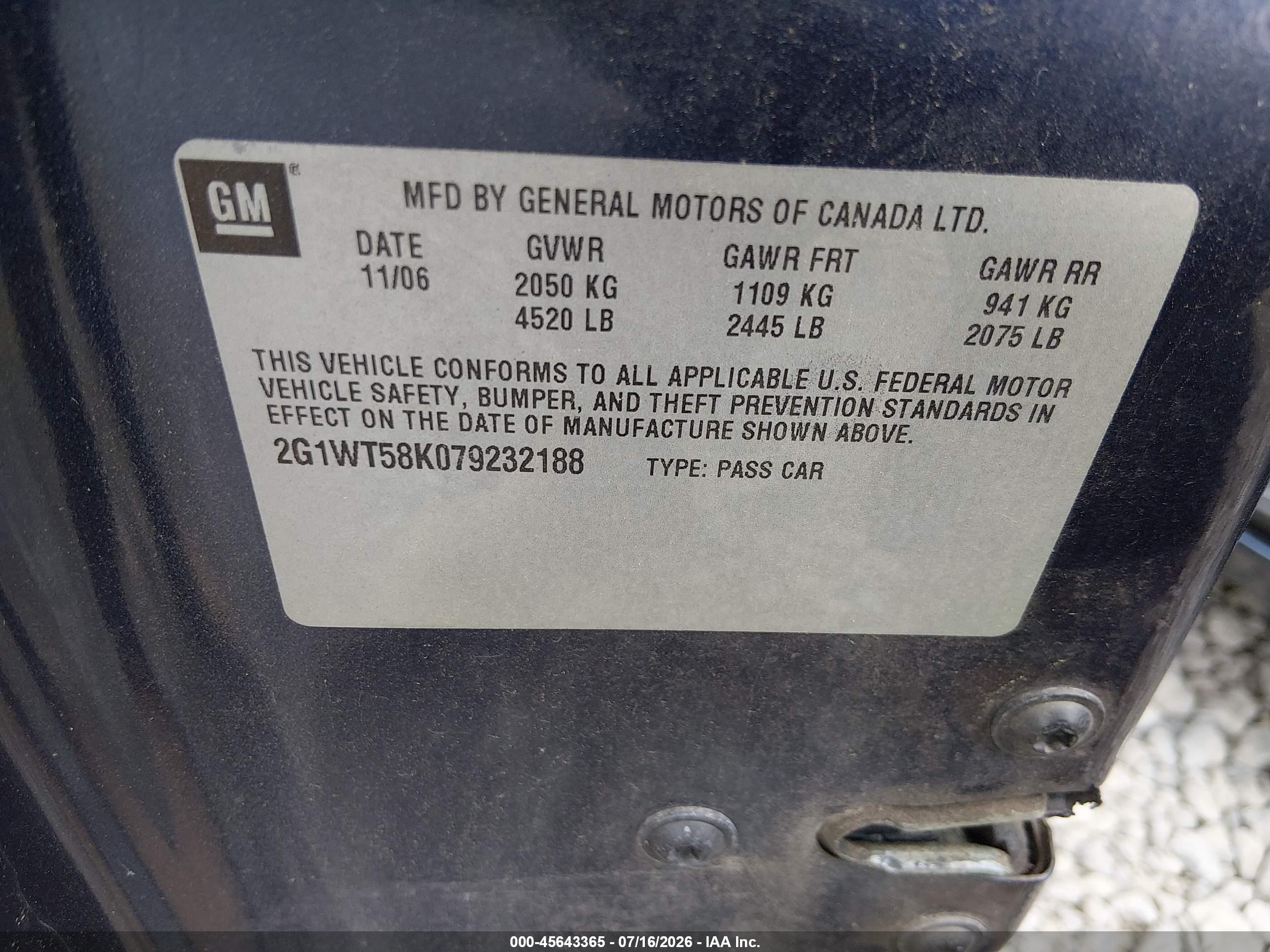 2007 Chevrolet Impala 3.5l Lt Blue vin: 2G1WT58K079232188