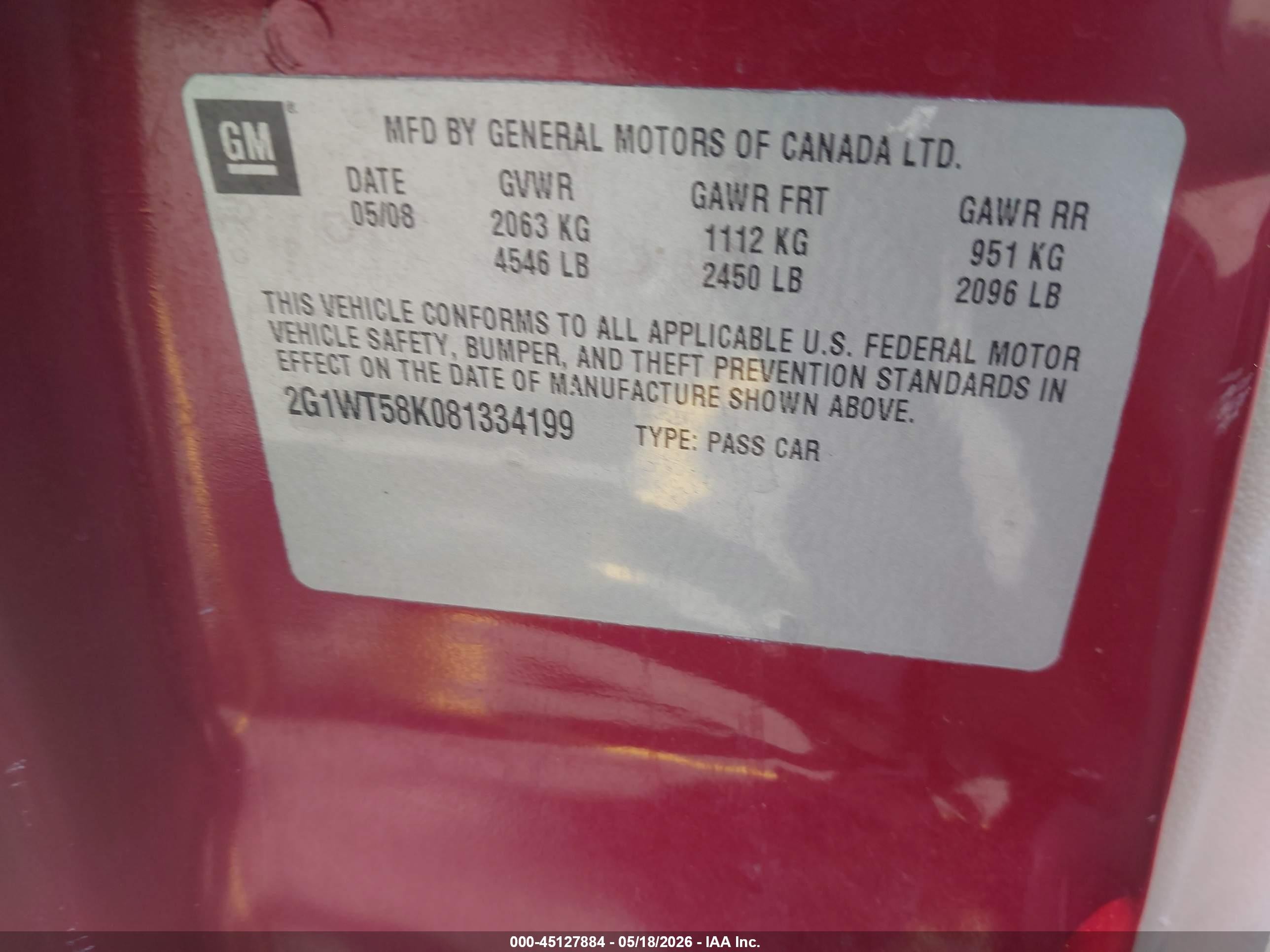 2008 Chevrolet Impala Lt Red vin: 2G1WT58K081334199