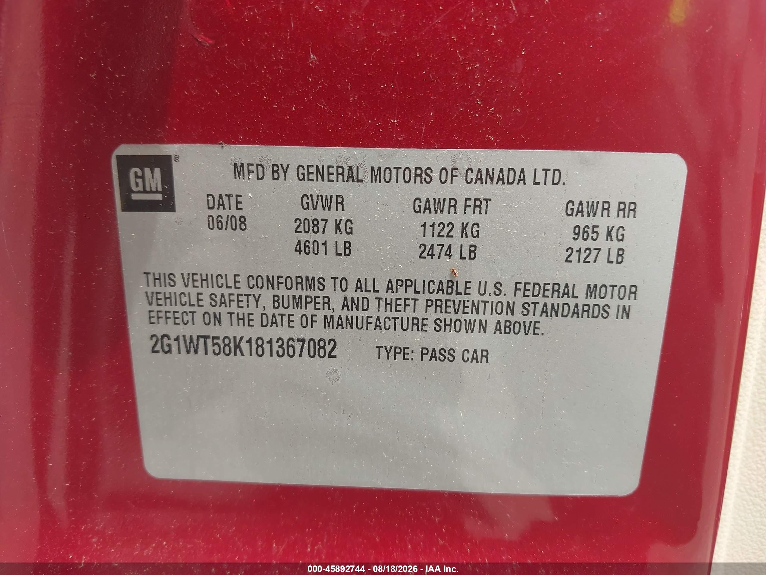 2008 Chevrolet Impala Lt Red vin: 2G1WT58K181367082