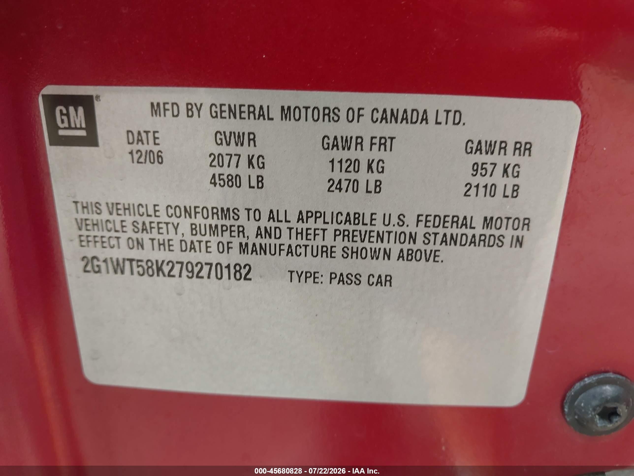 2007 Chevrolet Impala 3.5l Lt Red vin: 2G1WT58K279270182