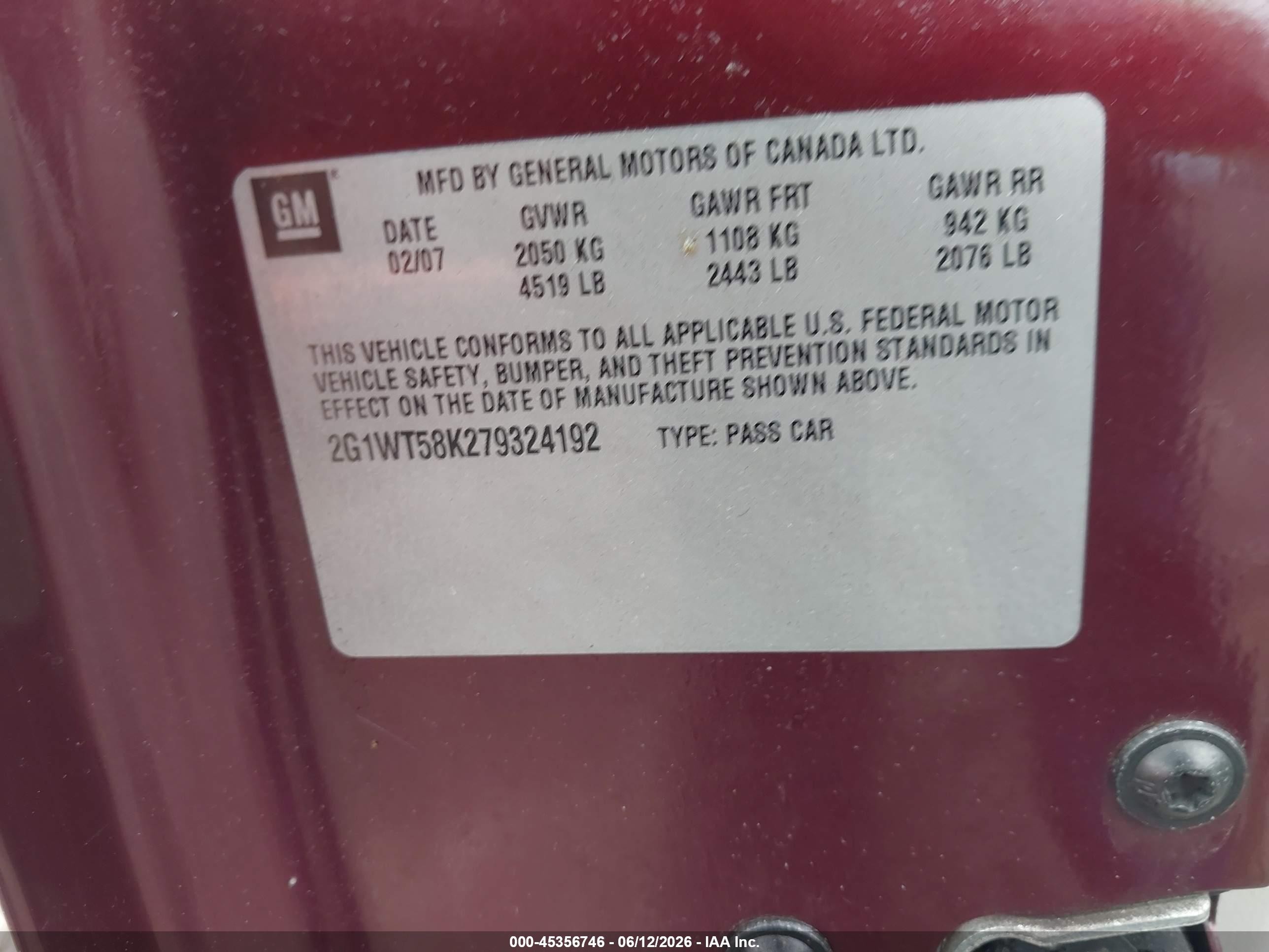 2007 Chevrolet Impala Lt Бордовый vin: 2G1WT58K279324192