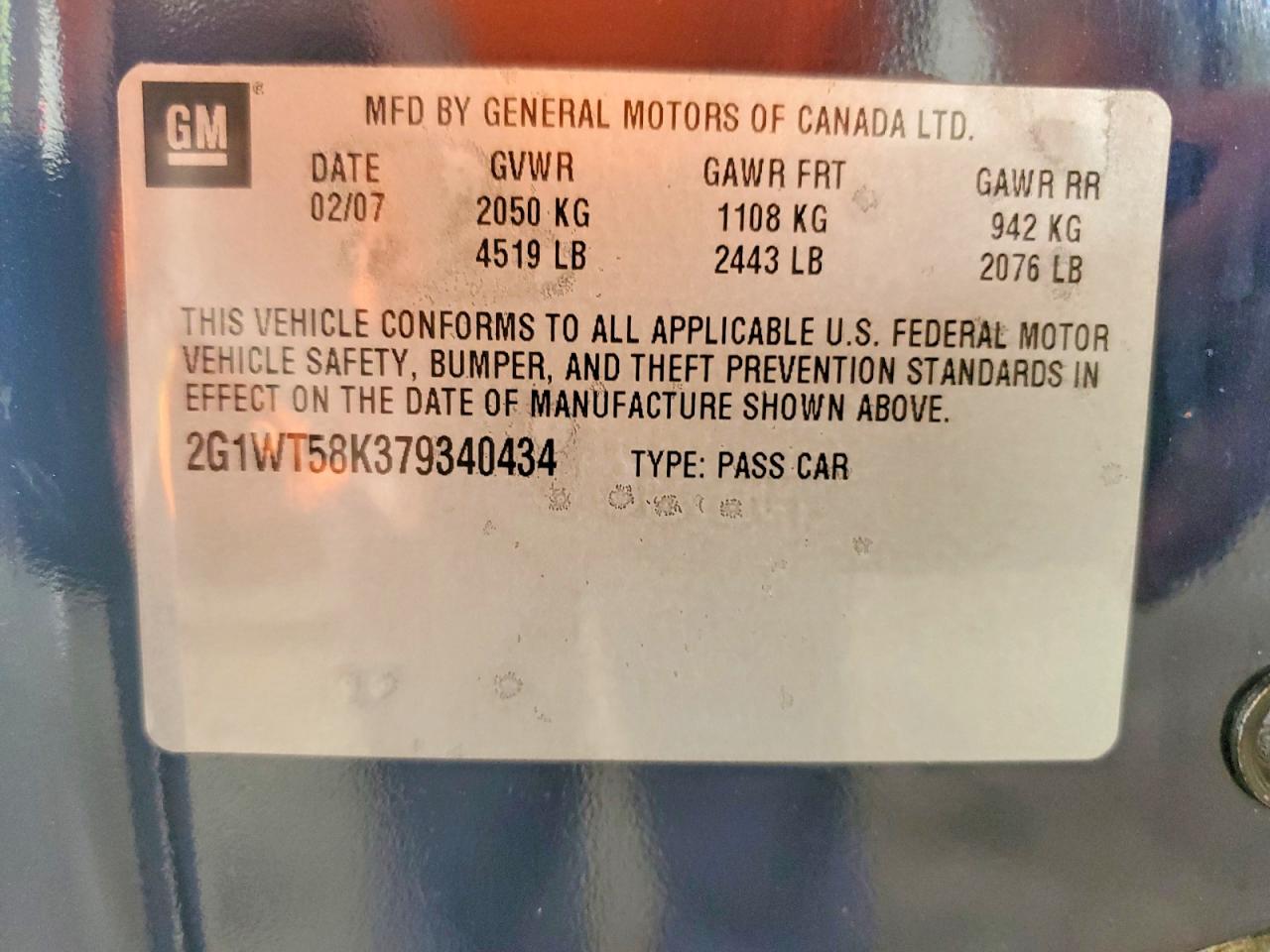 2007 Chevrolet Impala Lt Blue vin: 2G1WT58K379340434