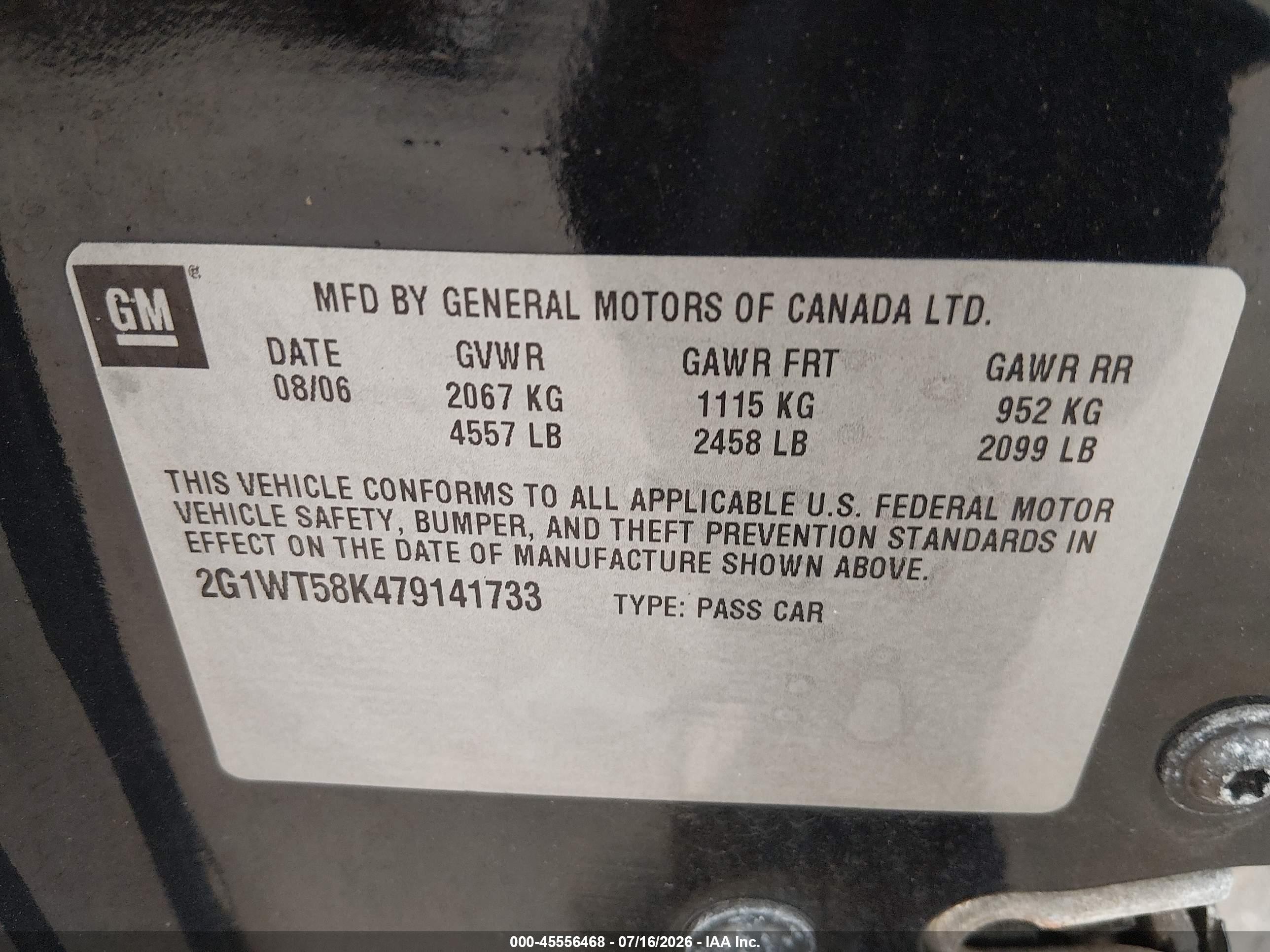 2007 Chevrolet Impala 3.5l Lt Black vin: 2G1WT58K479141733