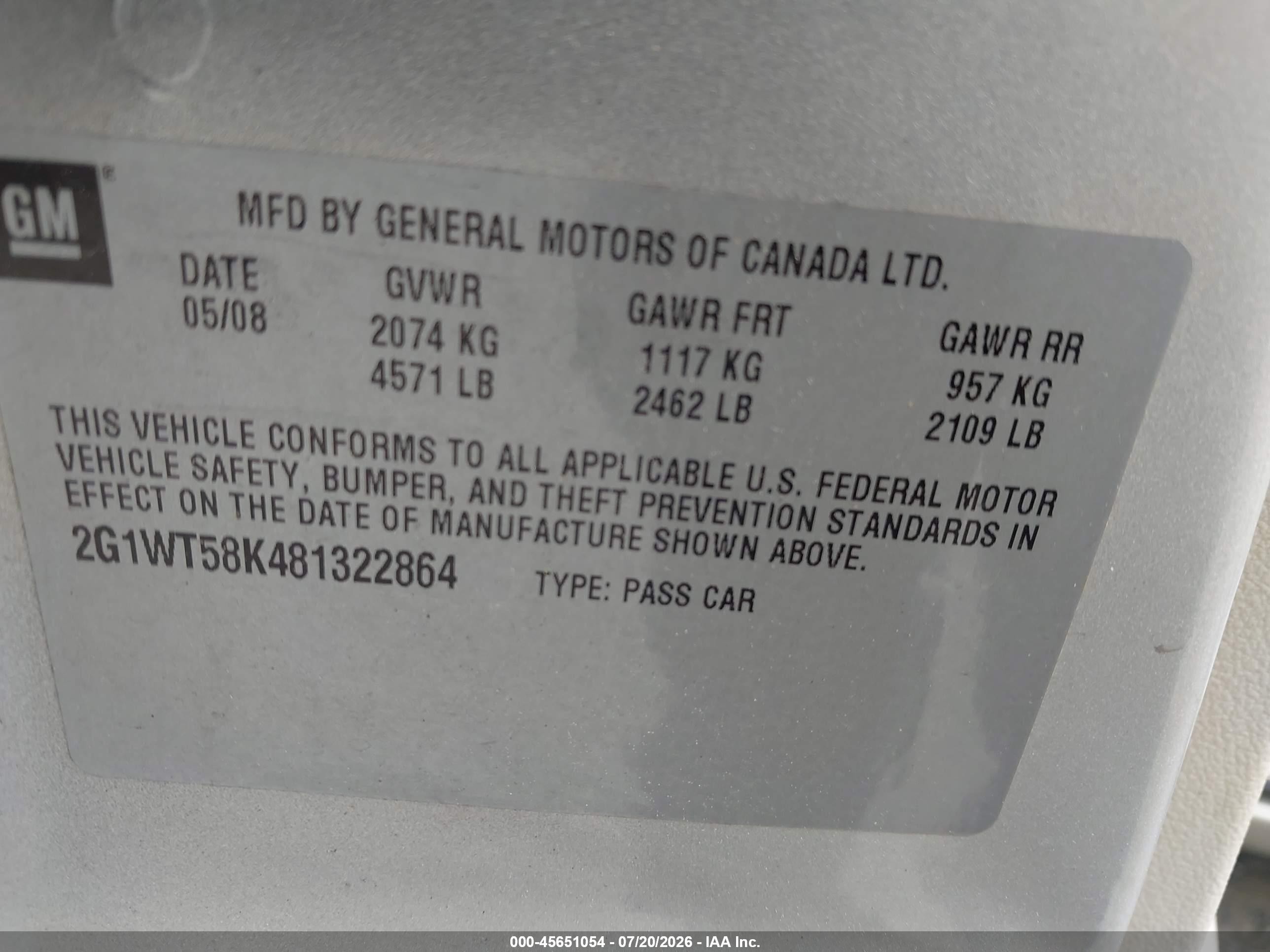2008 Chevrolet Impala Lt White vin: 2G1WT58K481322864