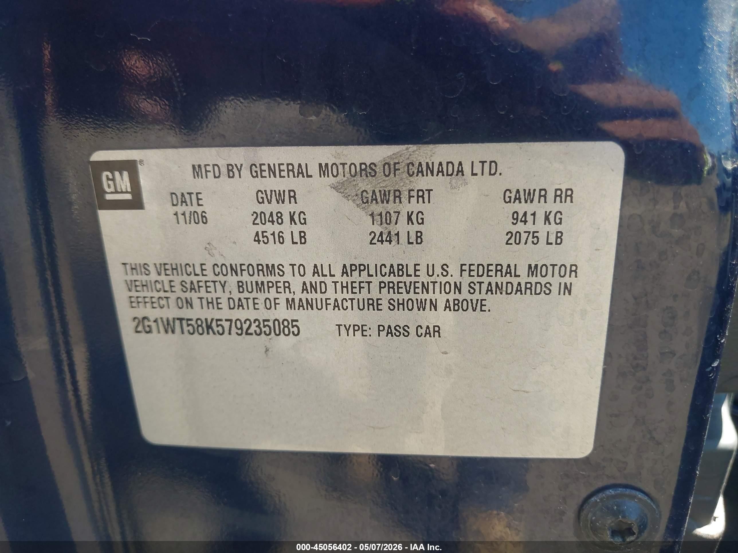 2007 Chevrolet Impala Lt Черный vin: 2G1WT58K579235085