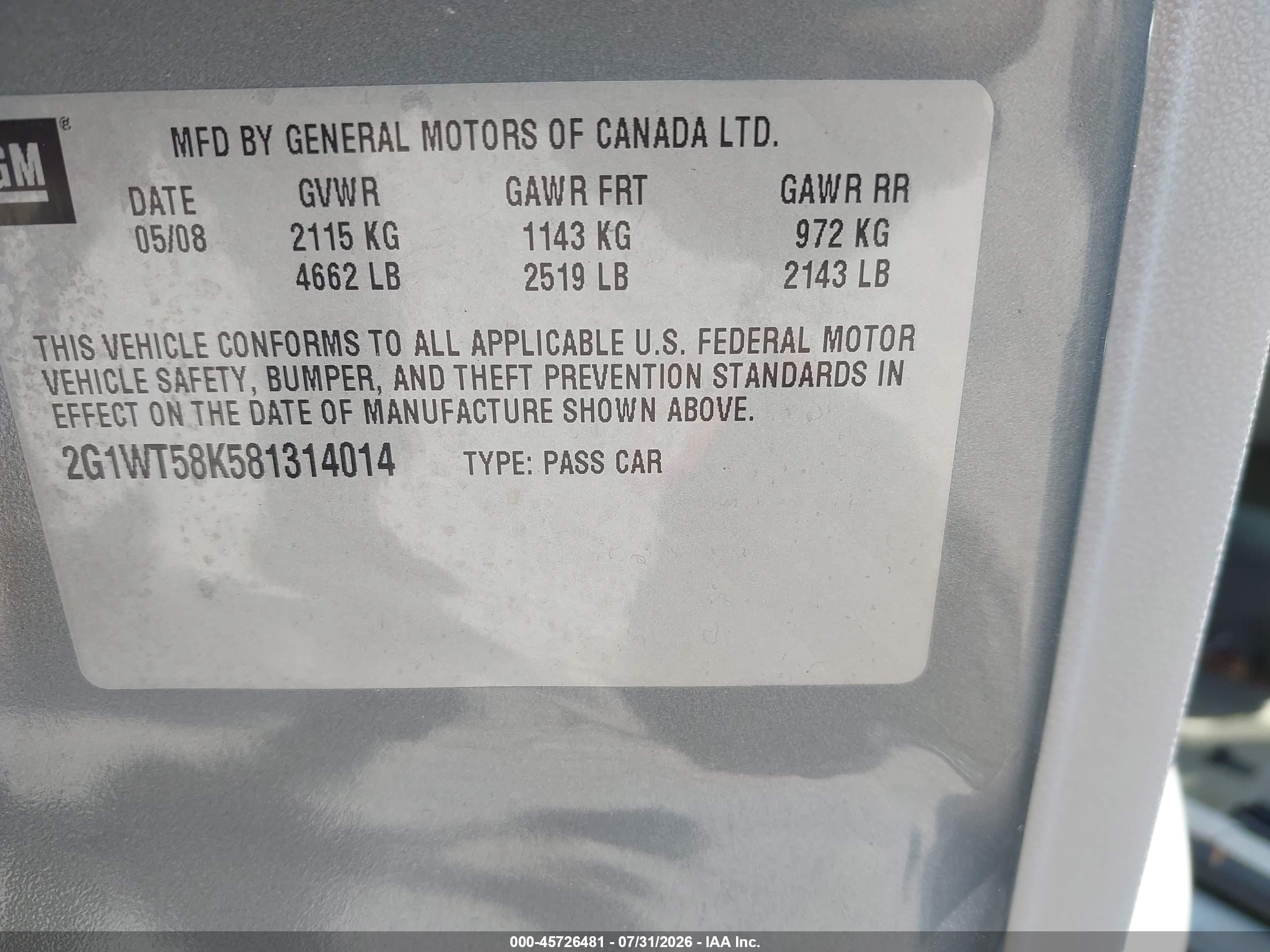 2008 Chevrolet Impala Lt Gray vin: 2G1WT58K581314014