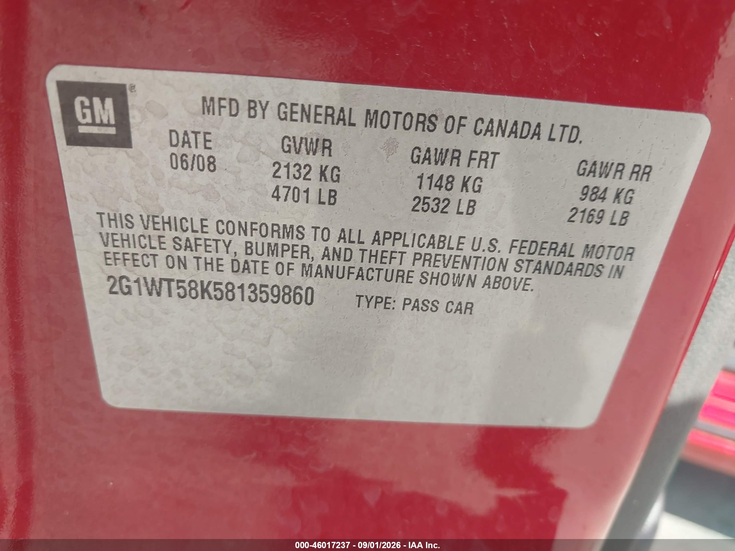 2008 Chevrolet Impala Lt Red vin: 2G1WT58K581359860