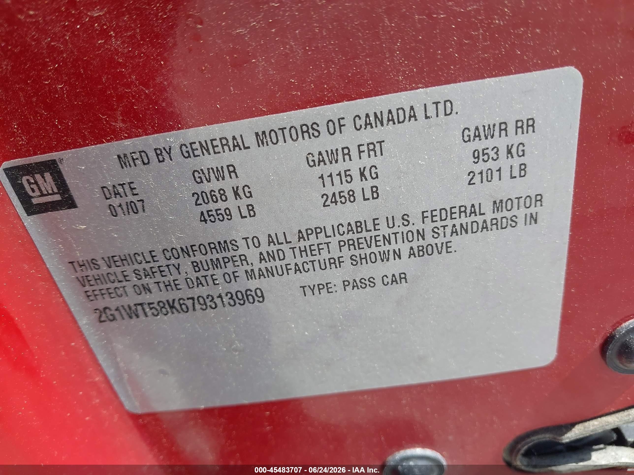 2007 Chevrolet Impala 3.5l Lt Red vin: 2G1WT58K679313969