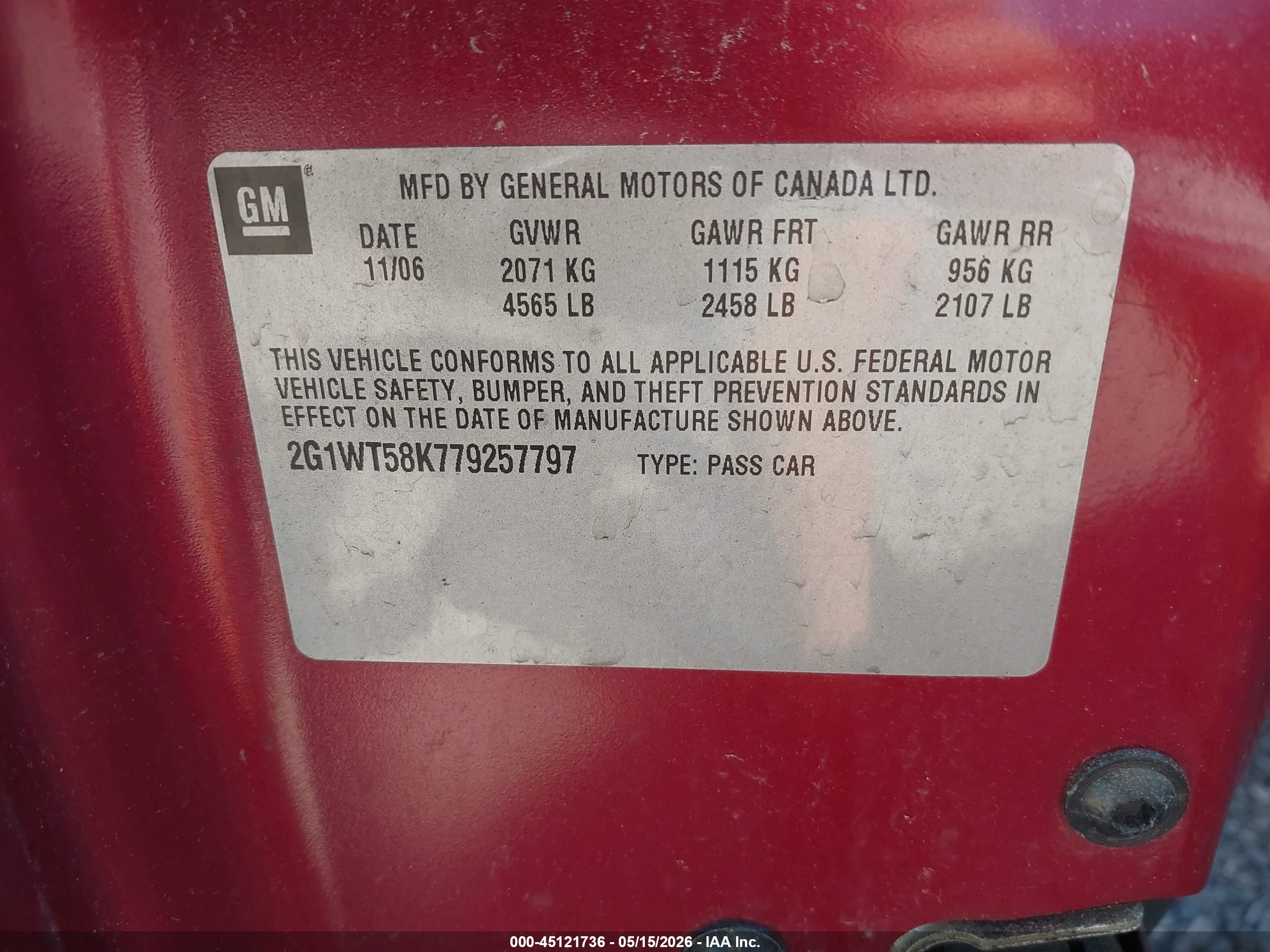 2007 Chevrolet Impala Lt Red vin: 2G1WT58K779257797