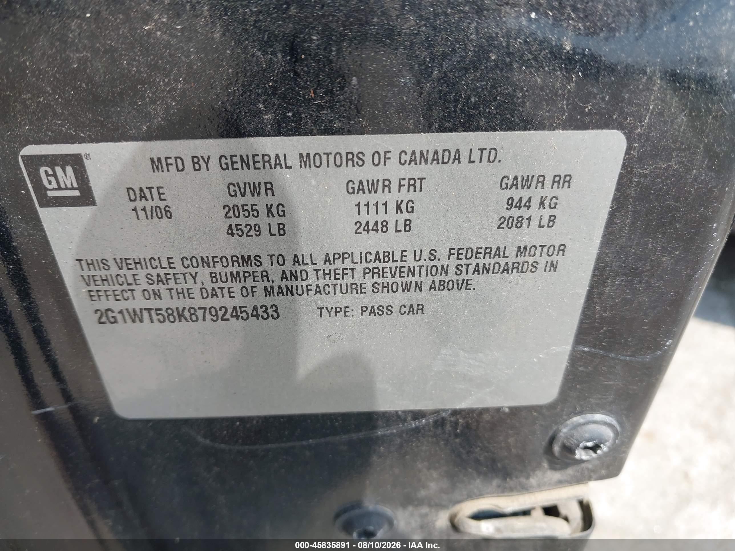 2007 Chevrolet Impala 3.5l Lt Черный vin: 2G1WT58K879245433