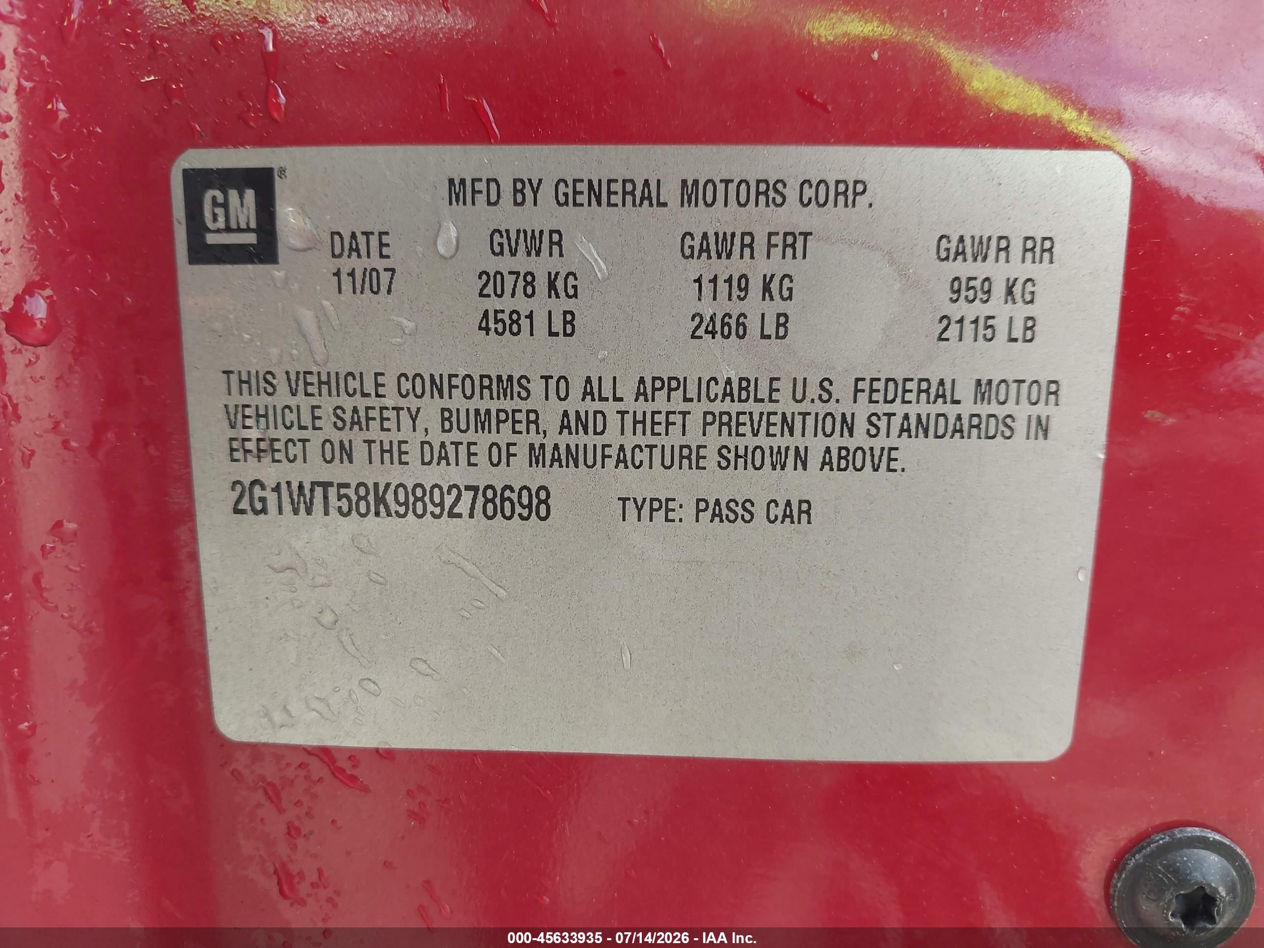 2008 Chevrolet Impala Lt Red vin: 2G1WT58K989278698