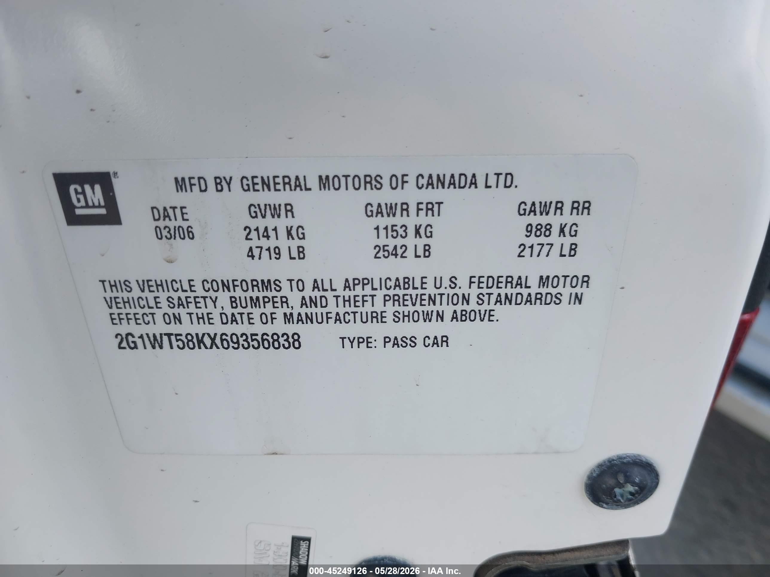 2006 Chevrolet Impala Lt White vin: 2G1WT58KX69356838
