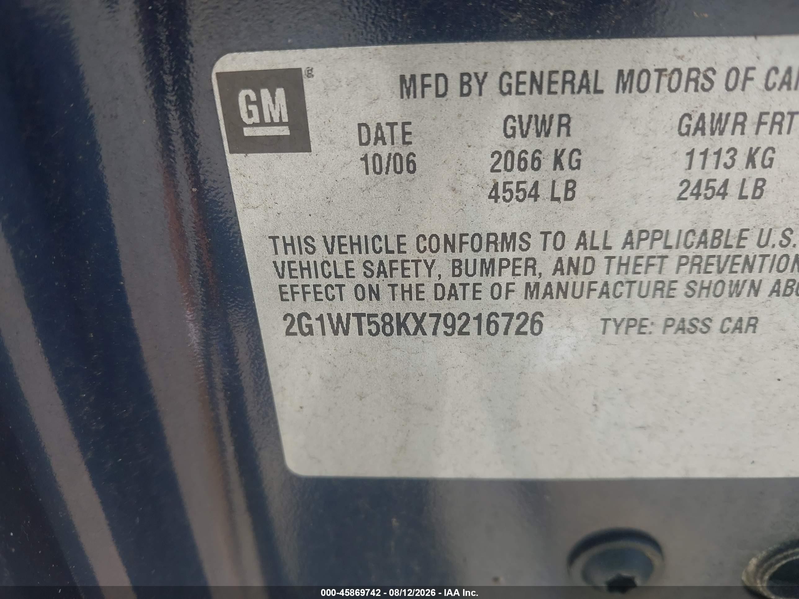 2007 Chevrolet Impala 3.5l Lt Blue vin: 2G1WT58KX79216726