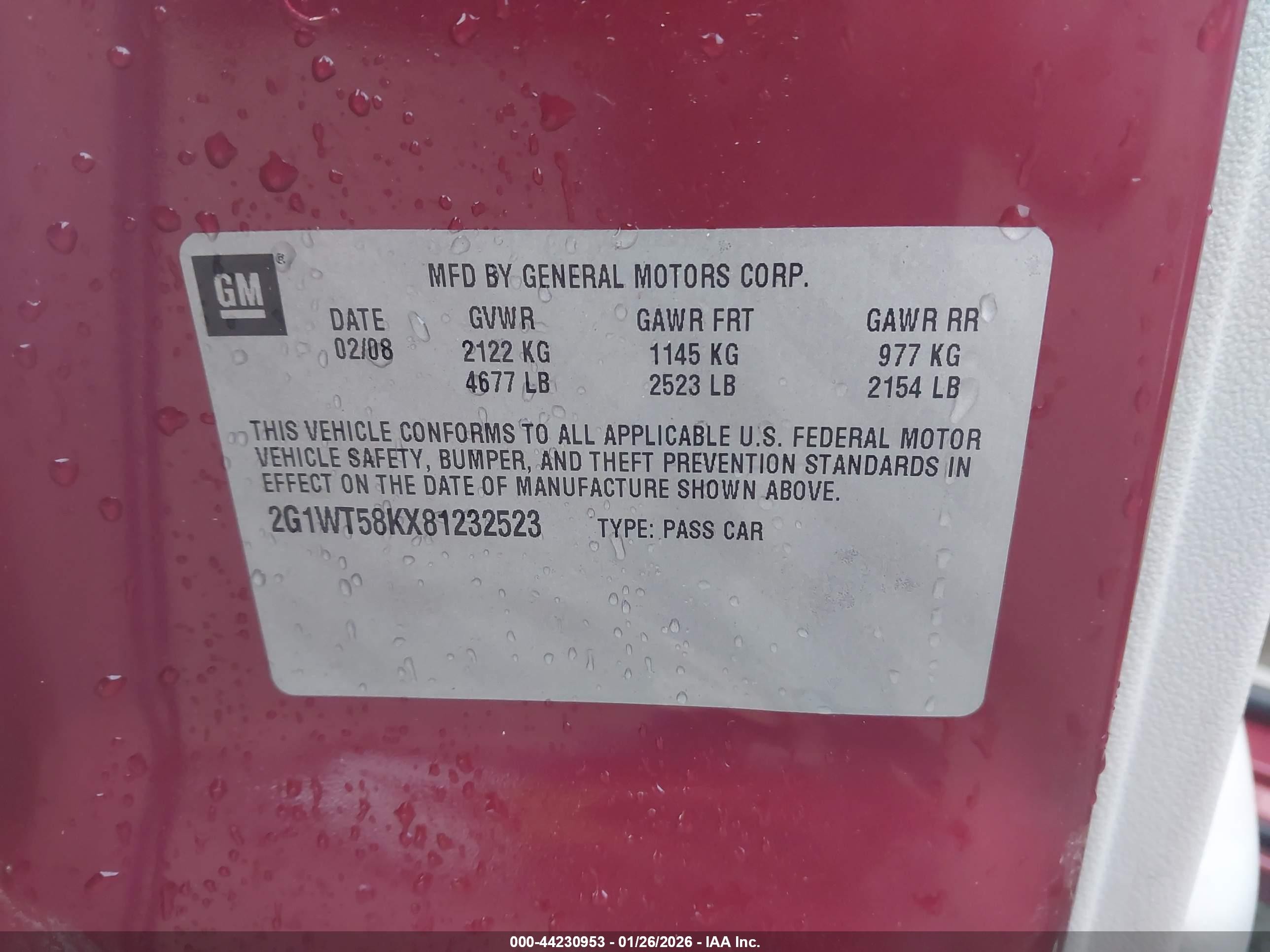 2008 Chevrolet Impala Lt Красный vin: 2G1WT58KX81232523