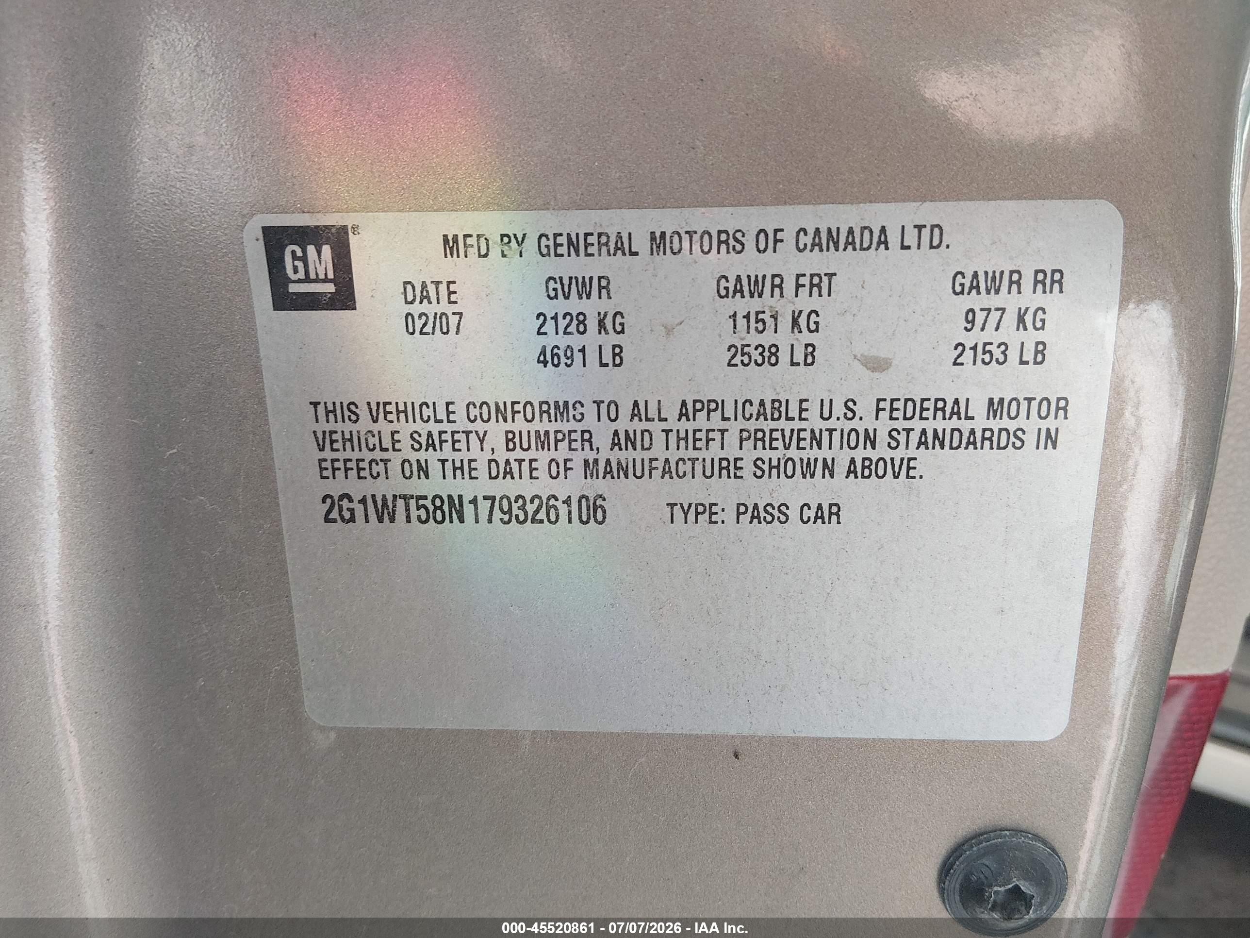 2007 Chevrolet Impala 3.5l Lt Tan vin: 2G1WT58N179326106