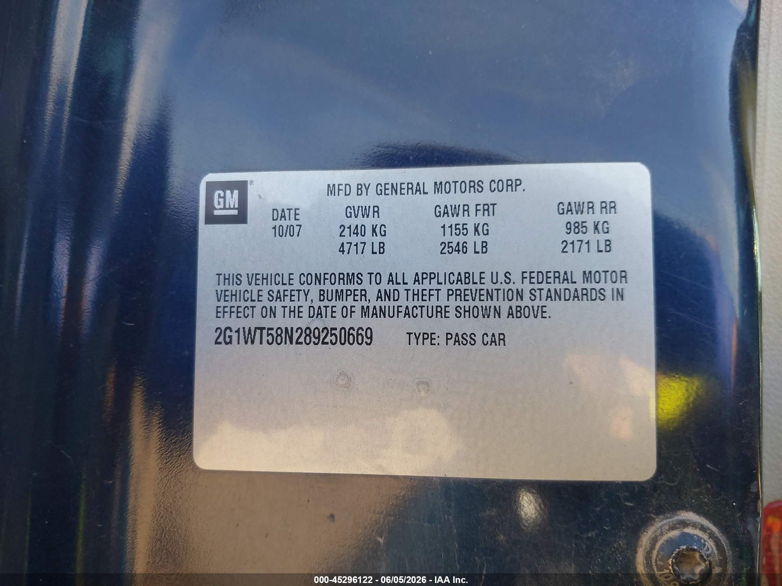2008 Chevrolet Impala Lt Dark Blue vin: 2G1WT58N289250669