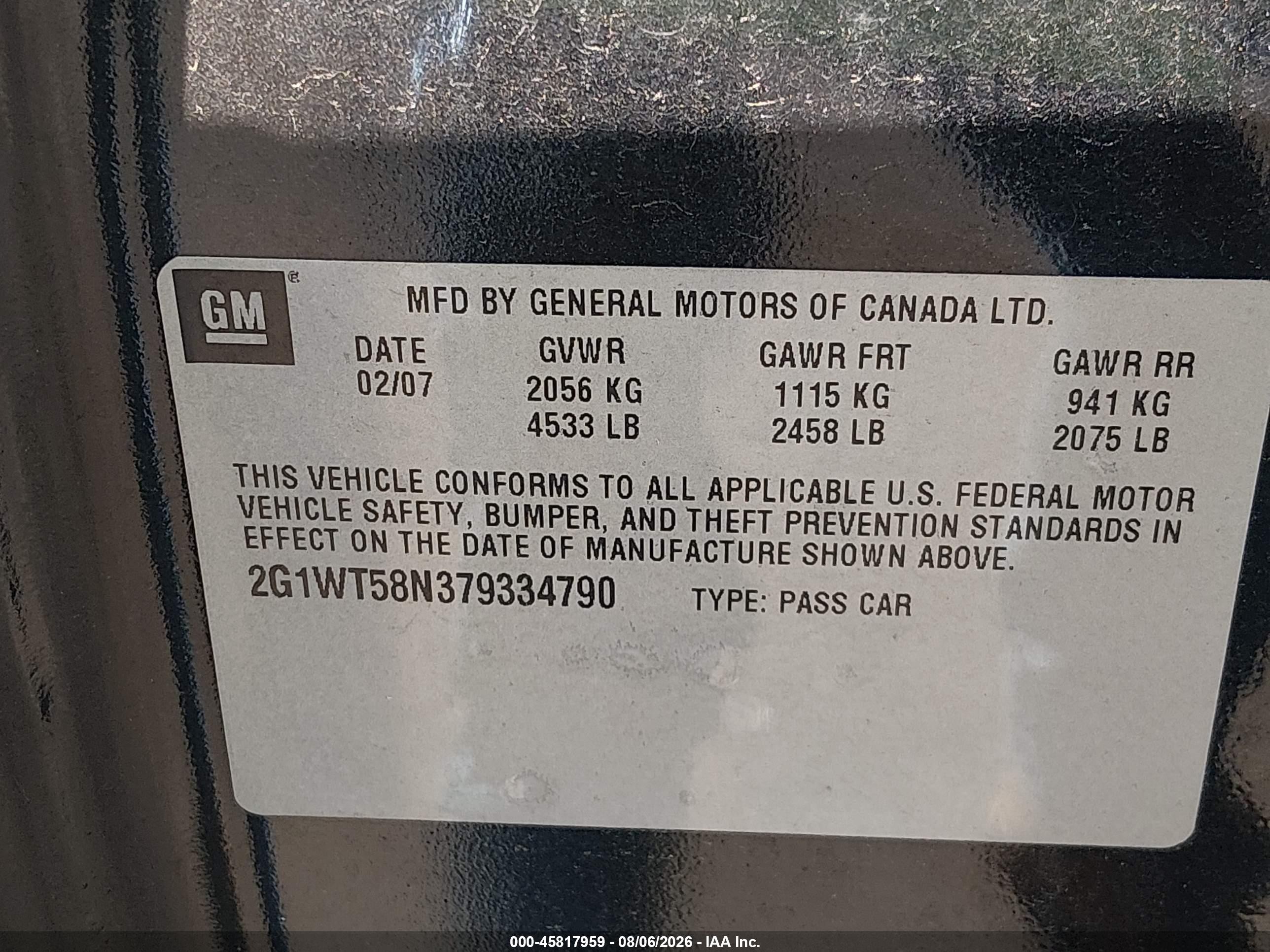 2007 Chevrolet Impala 3.5l Lt Black vin: 2G1WT58N379334790