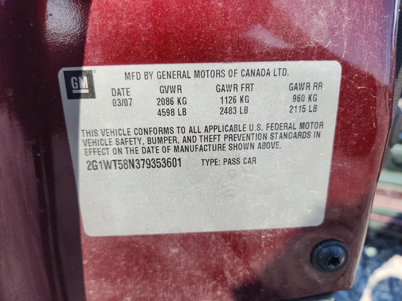 2007 Chevrolet Impala Lt Red vin: 2G1WT58N379353601