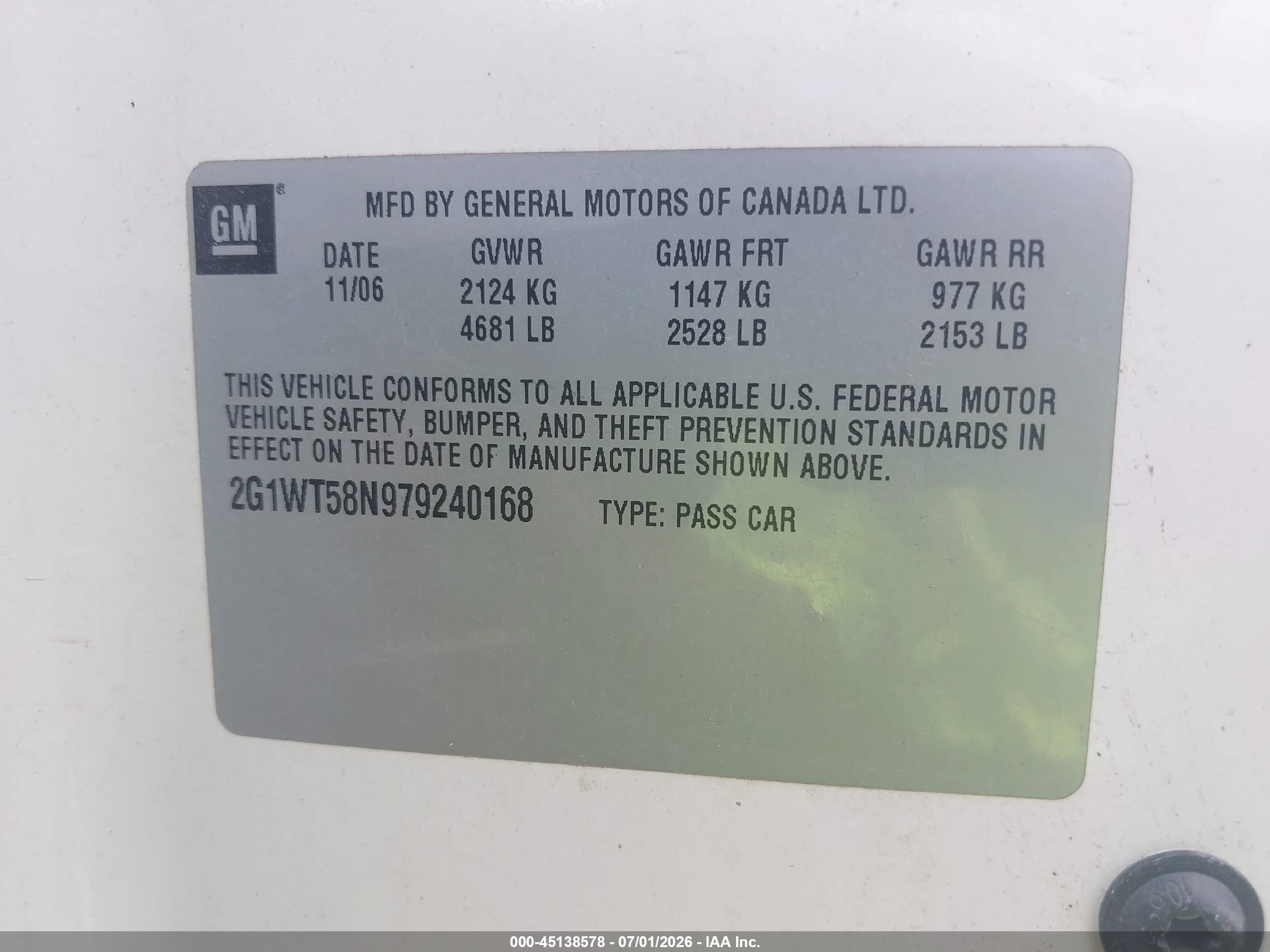 2007 Chevrolet Impala Lt White vin: 2G1WT58N979240168