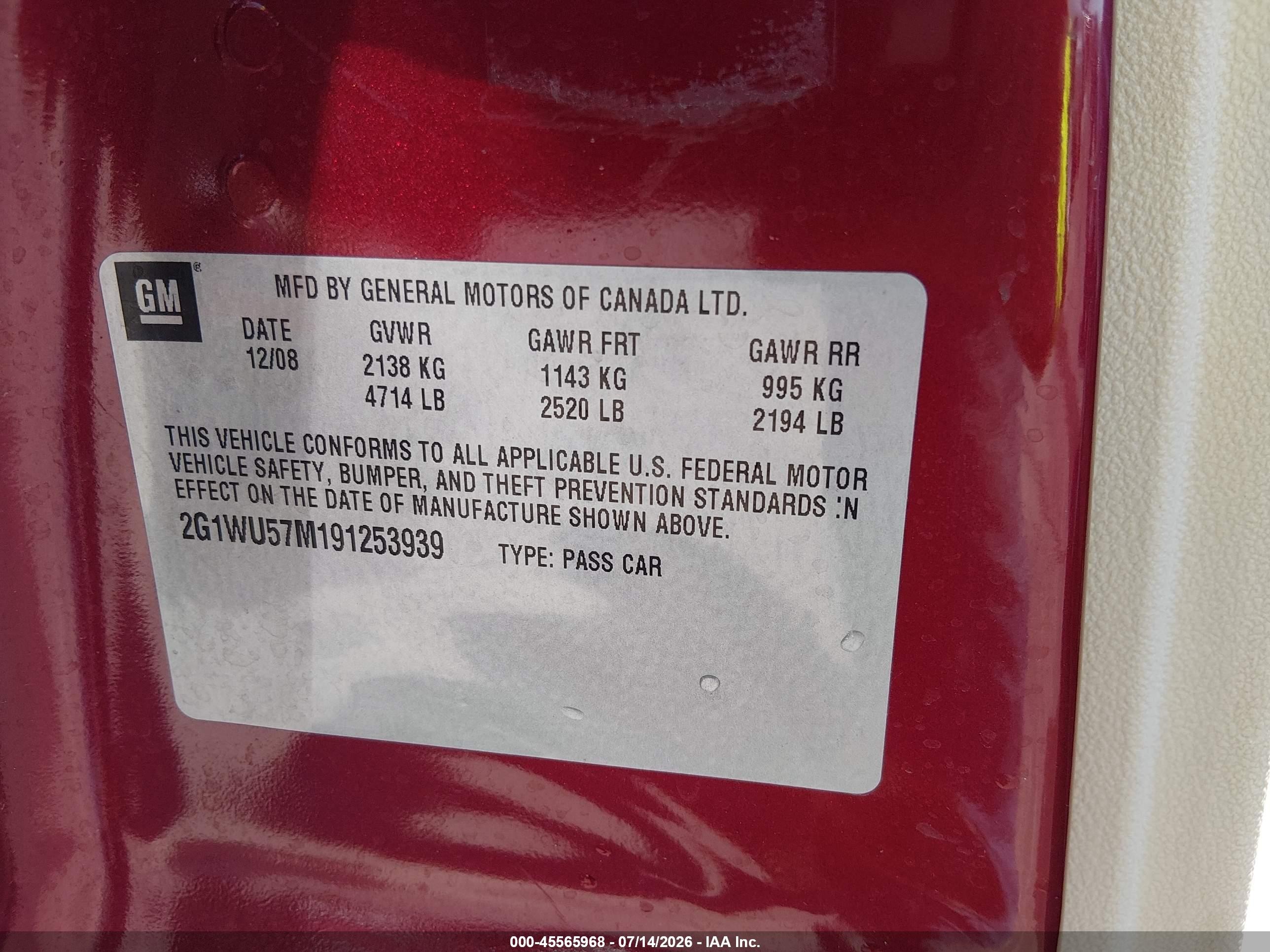 2009 Chevrolet Impala Ltz Red vin: 2G1WU57M191253939