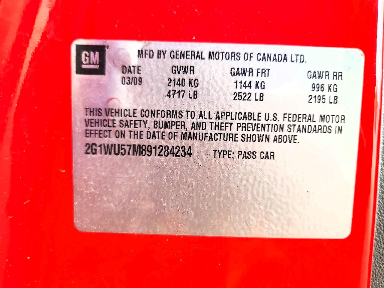 2009 Chevrolet Impala Red vin: 2G1WU57M891284234