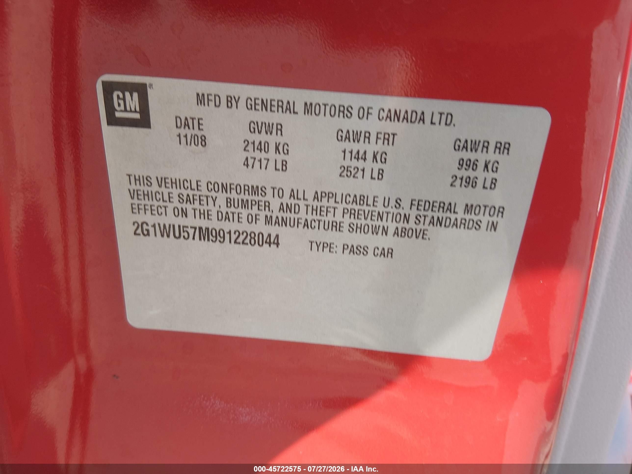 2009 Chevrolet Impala Ltz Red vin: 2G1WU57M991228044