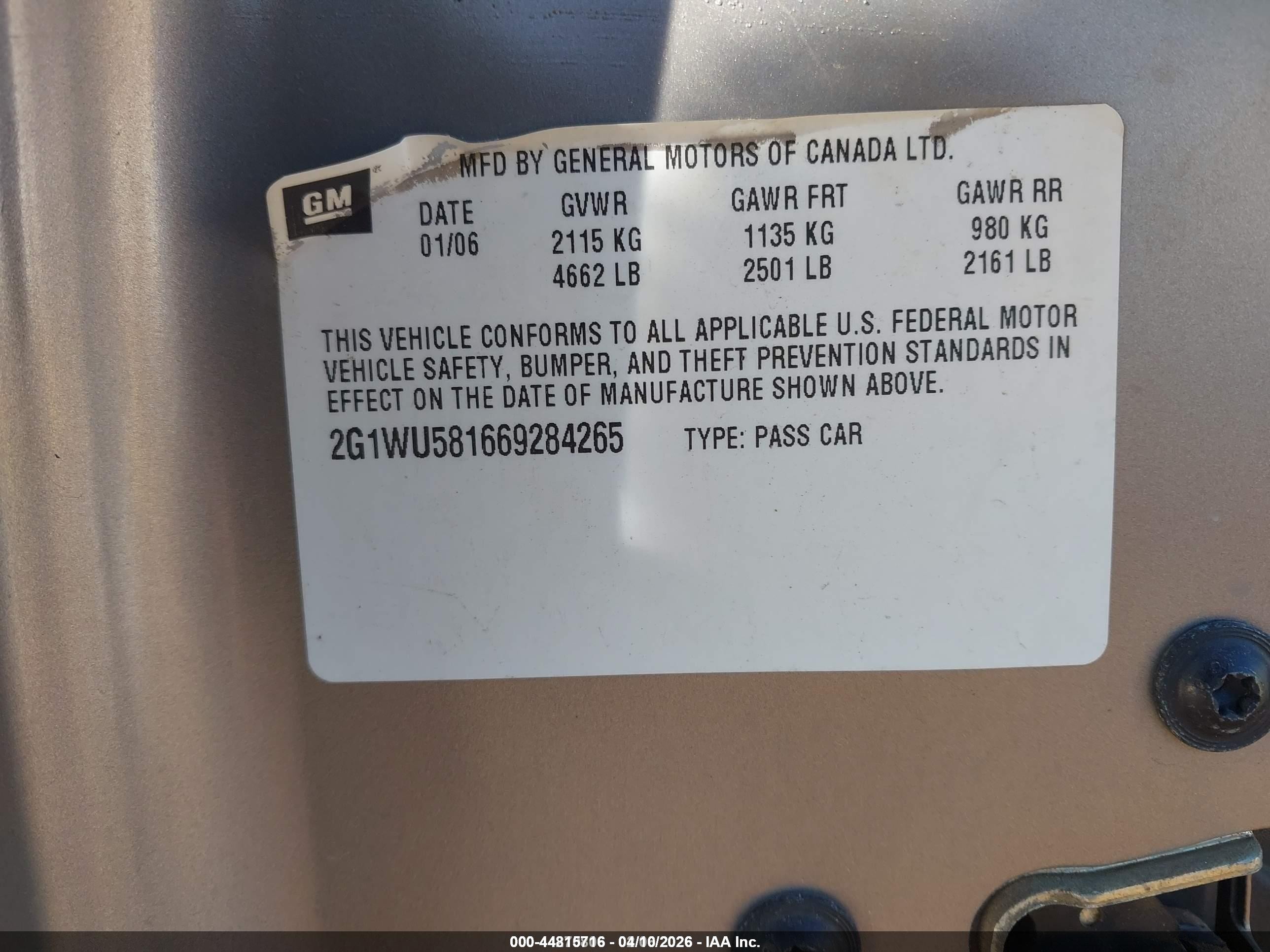 2006 Chevrolet Impala Ltz Gold vin: 2G1WU581669284265