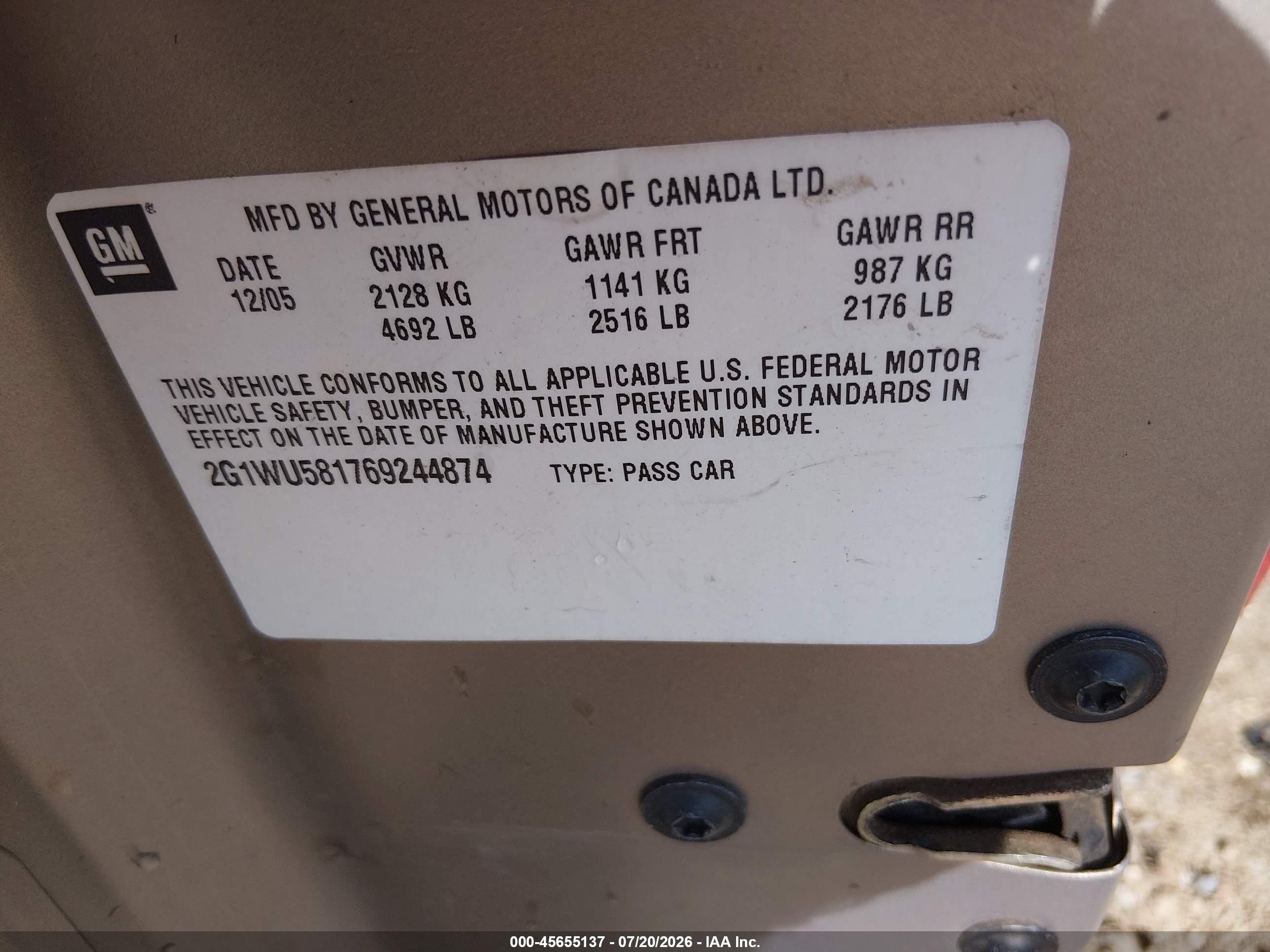 2006 Chevrolet Impala Ltz Gold vin: 2G1WU581769244874