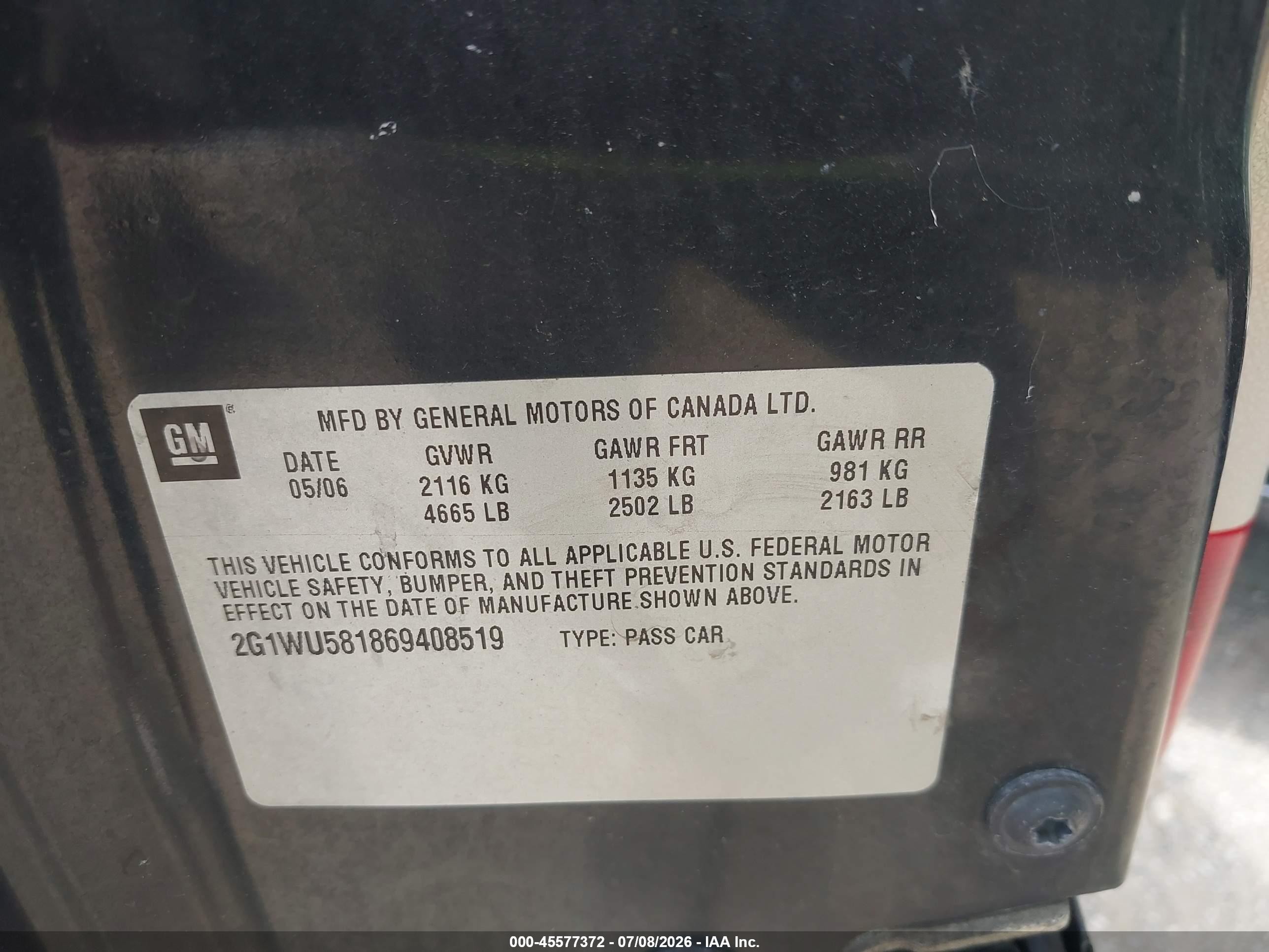 2006 Chevrolet Impala Ltz Black vin: 2G1WU581869408519