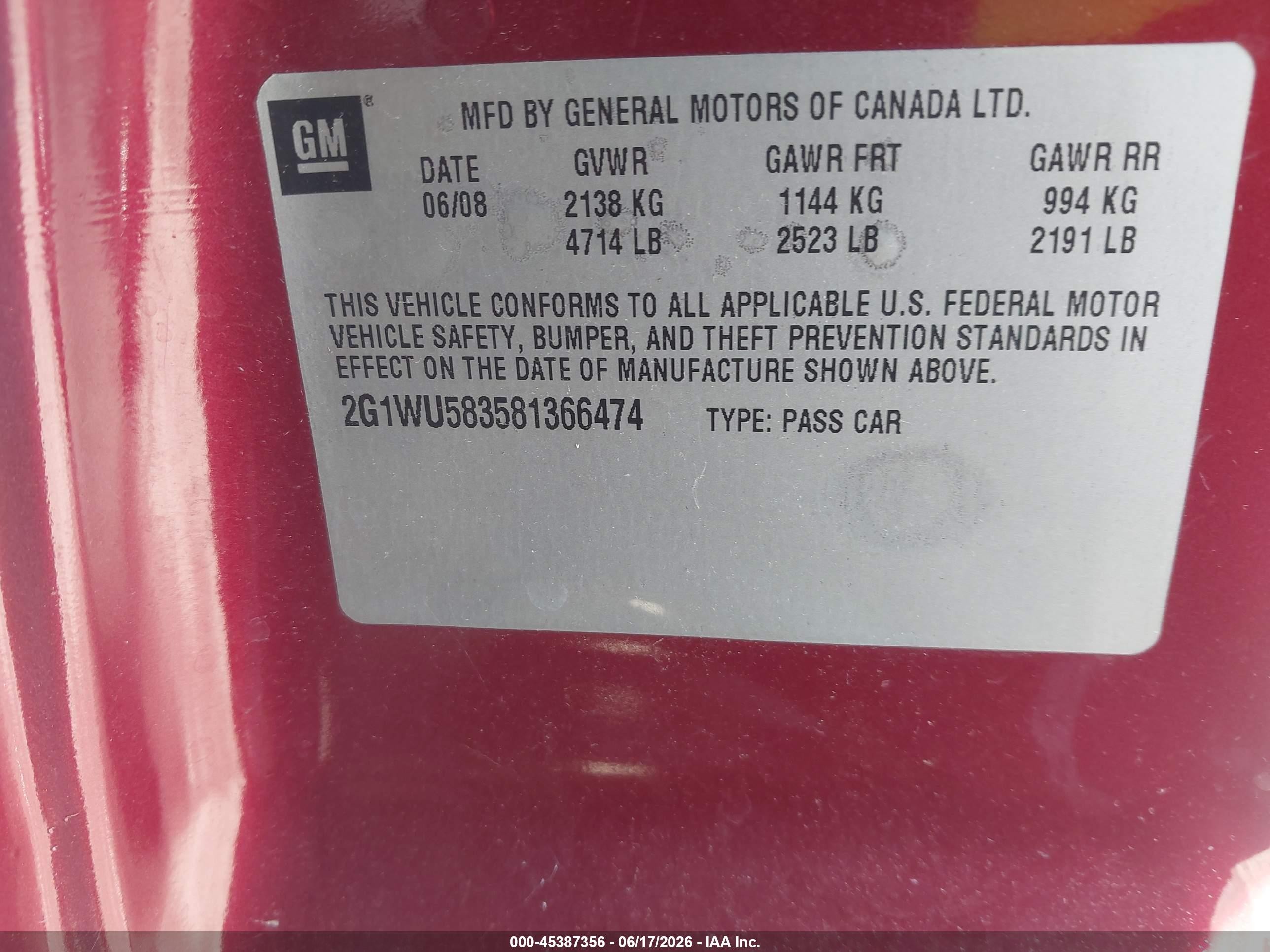 2008 Chevrolet Impala Ltz Красный vin: 2G1WU583581366474