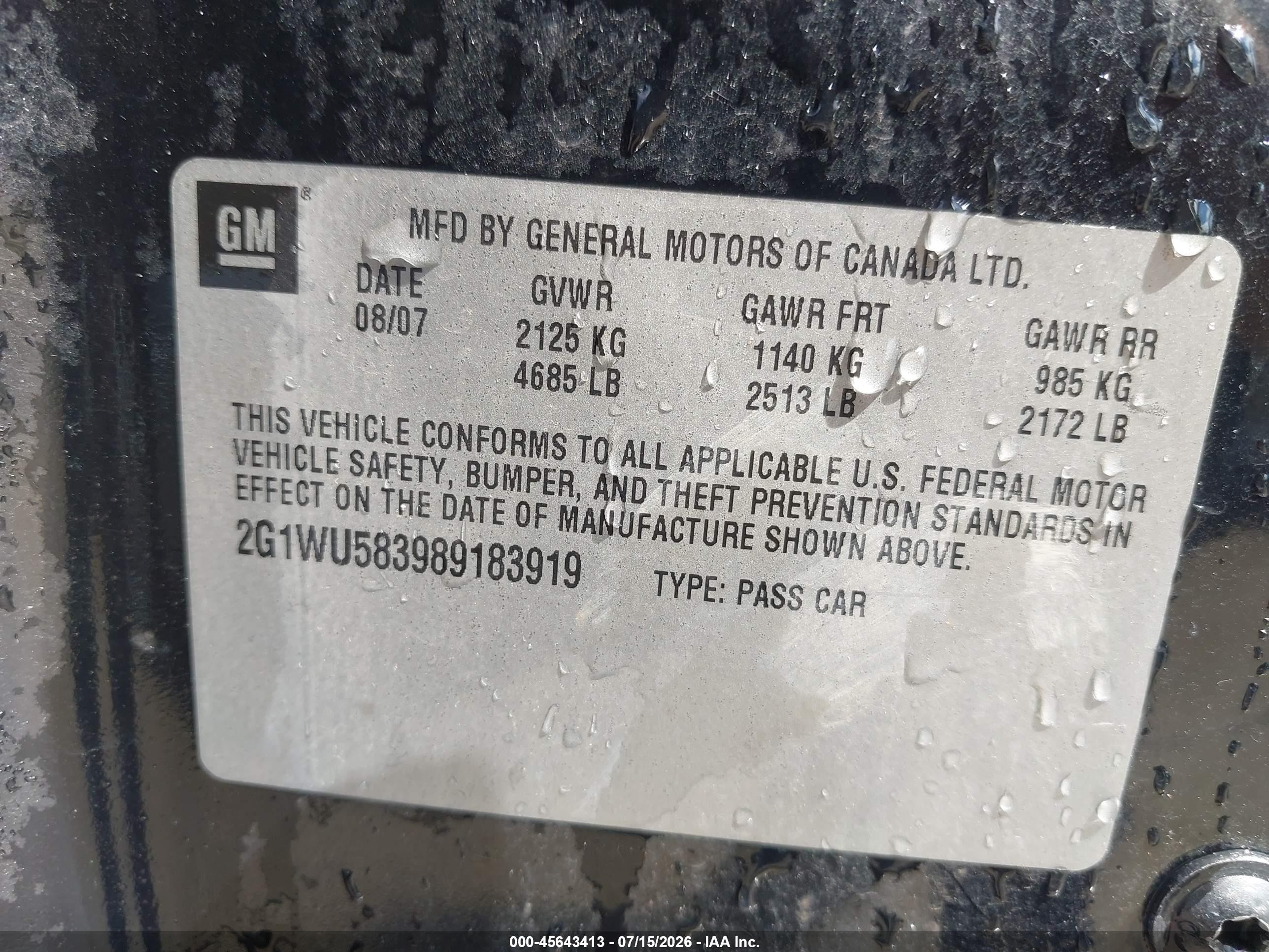 2008 Chevrolet Impala Ltz Black vin: 2G1WU583989183919