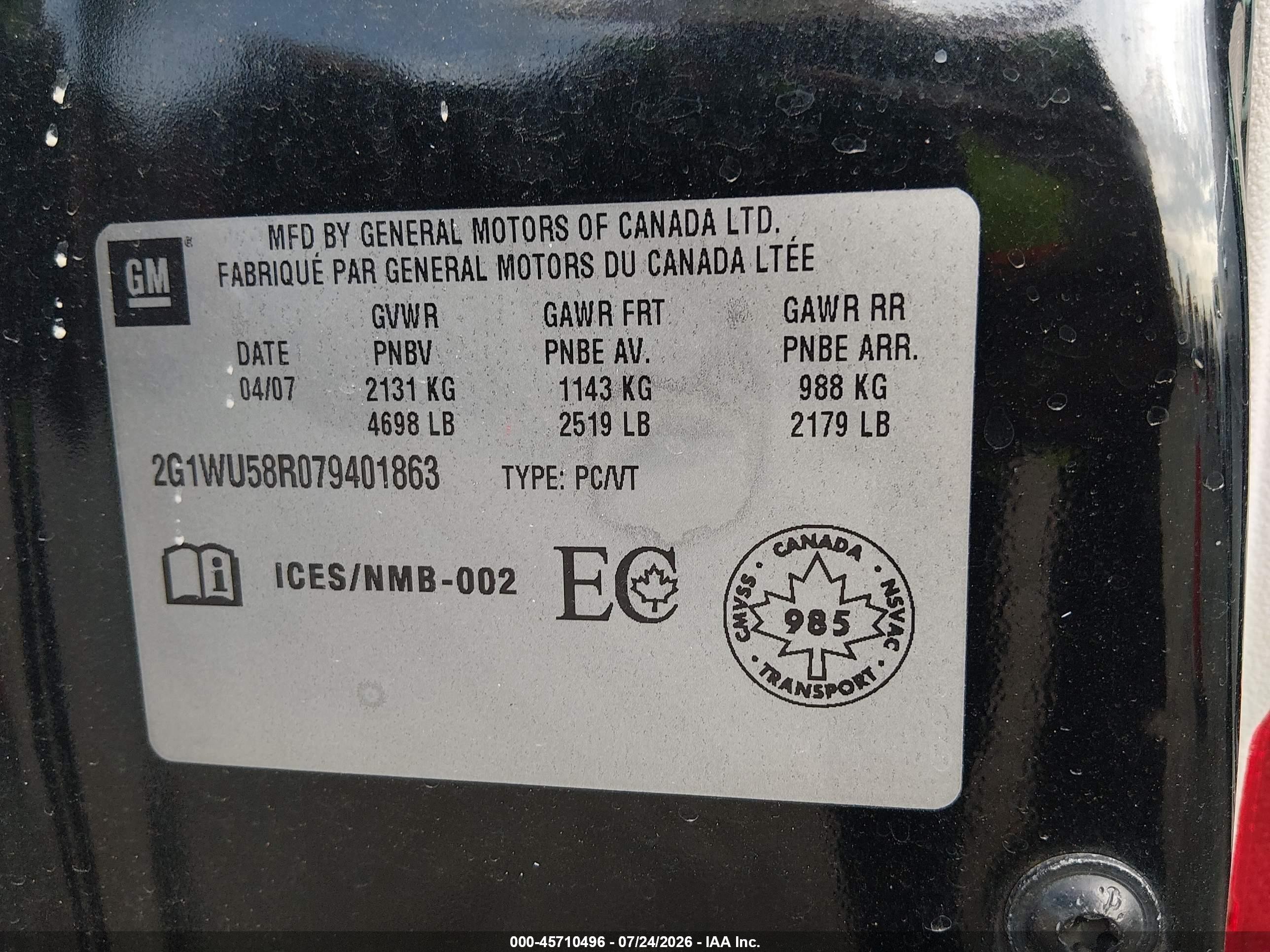 2007 Chevrolet Impala Ltz Black vin: 2G1WU58R079401863