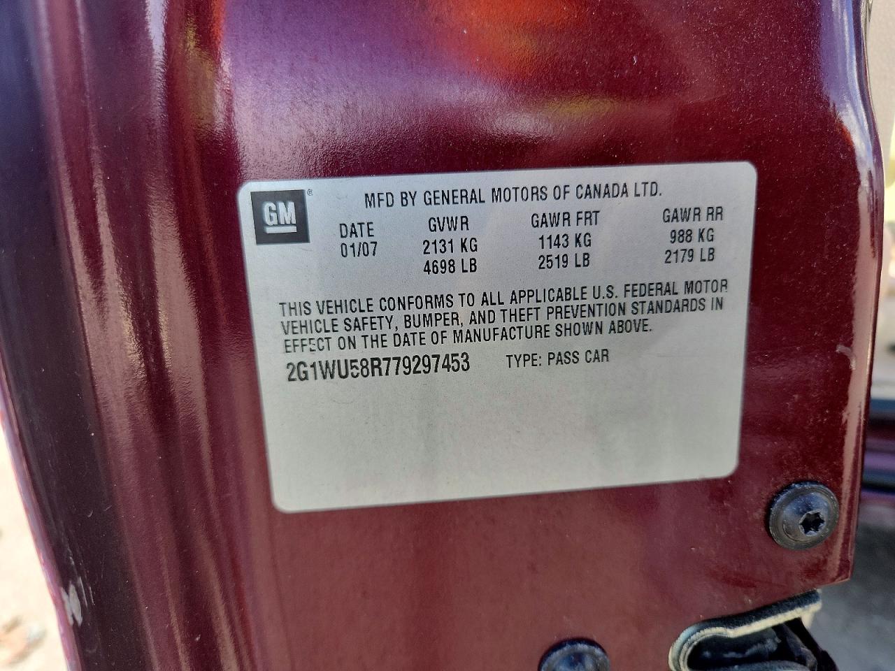 2007 Chevrolet Impala Ltz Burgundy vin: 2G1WU58R779297453
