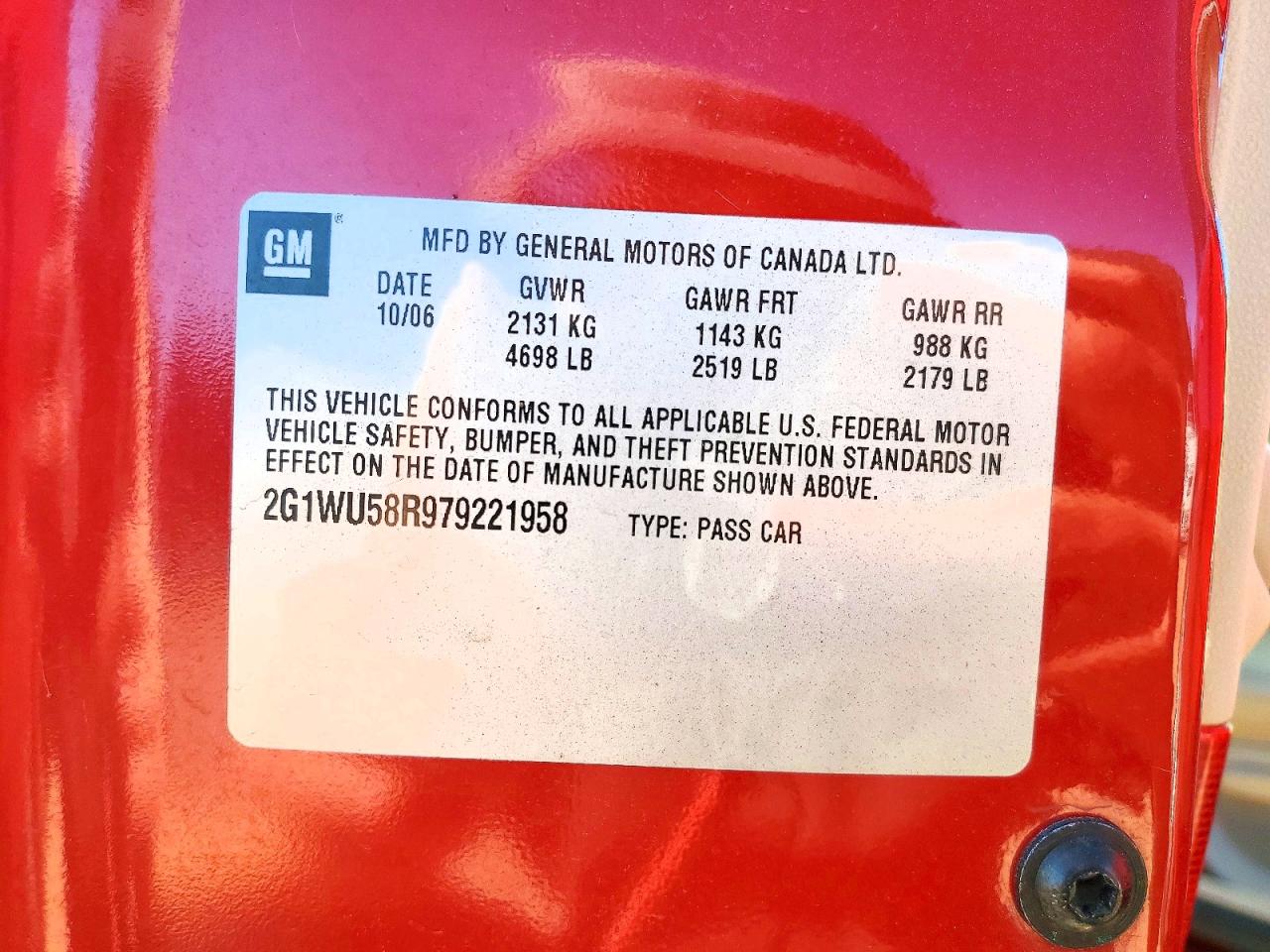 2007 Chevrolet Impala Ltz Red vin: 2G1WU58R979221958