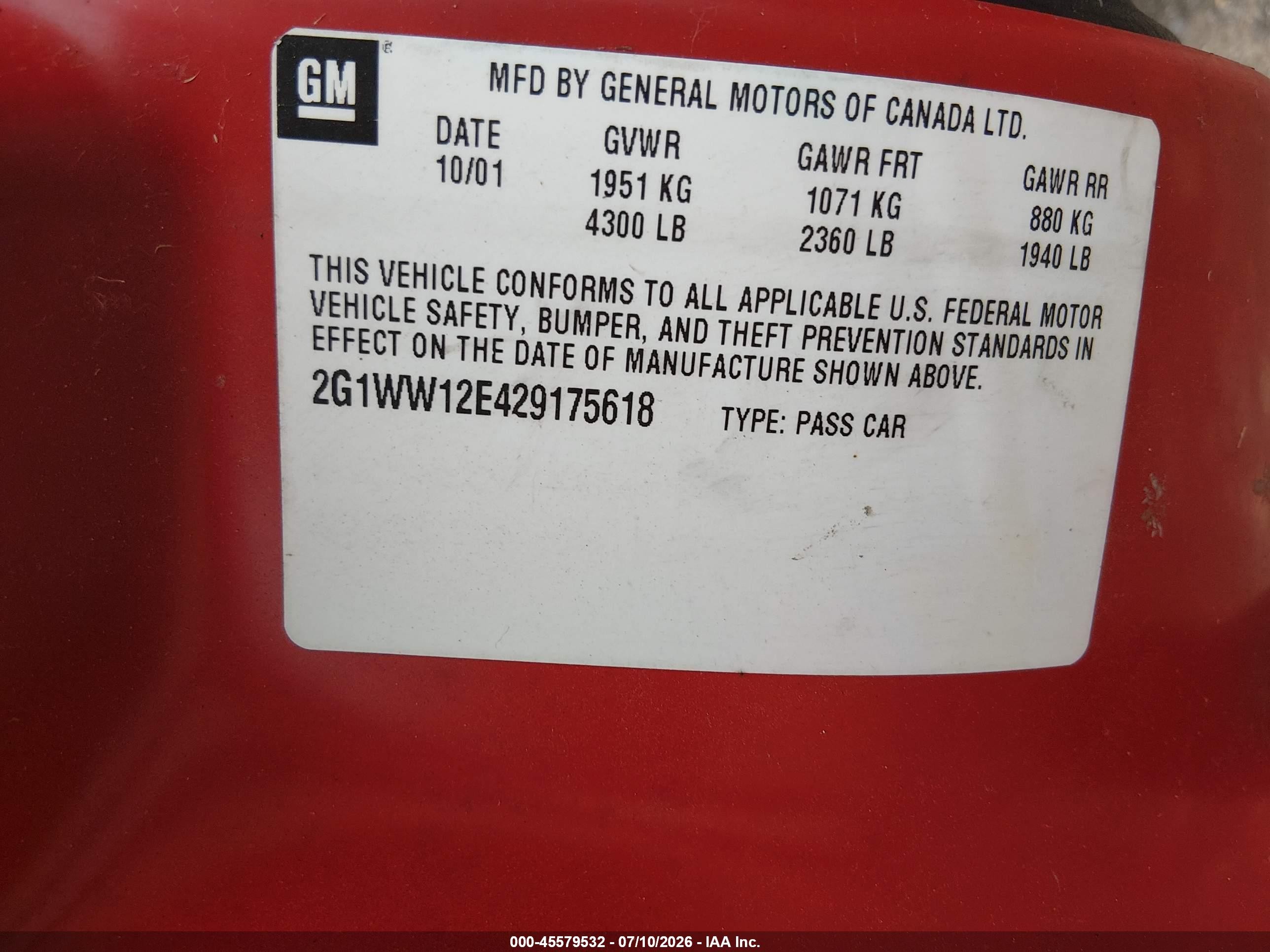 2002 Chevrolet Monte Carlo Ls Red vin: 2G1WW12E429175618