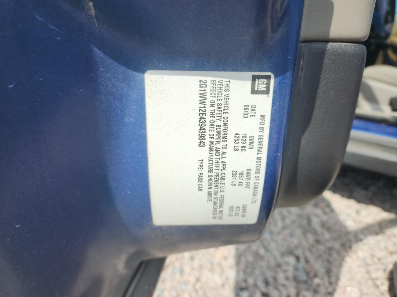 2003 Chevrolet Monte Carlo Ls Blue vin: 2G1WW12E439439843