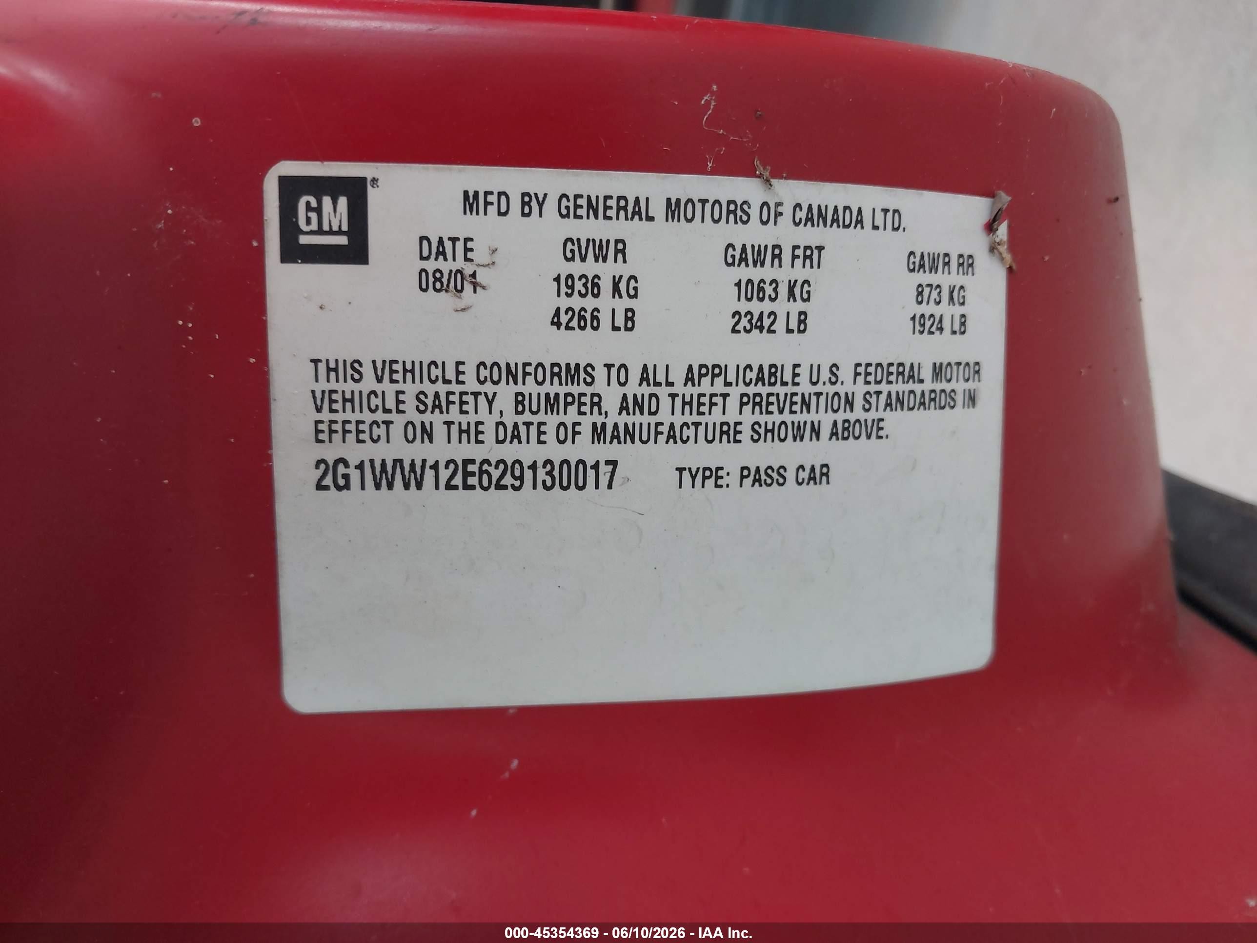 2002 Chevrolet Monte Carlo Ls Red vin: 2G1WW12E629130017