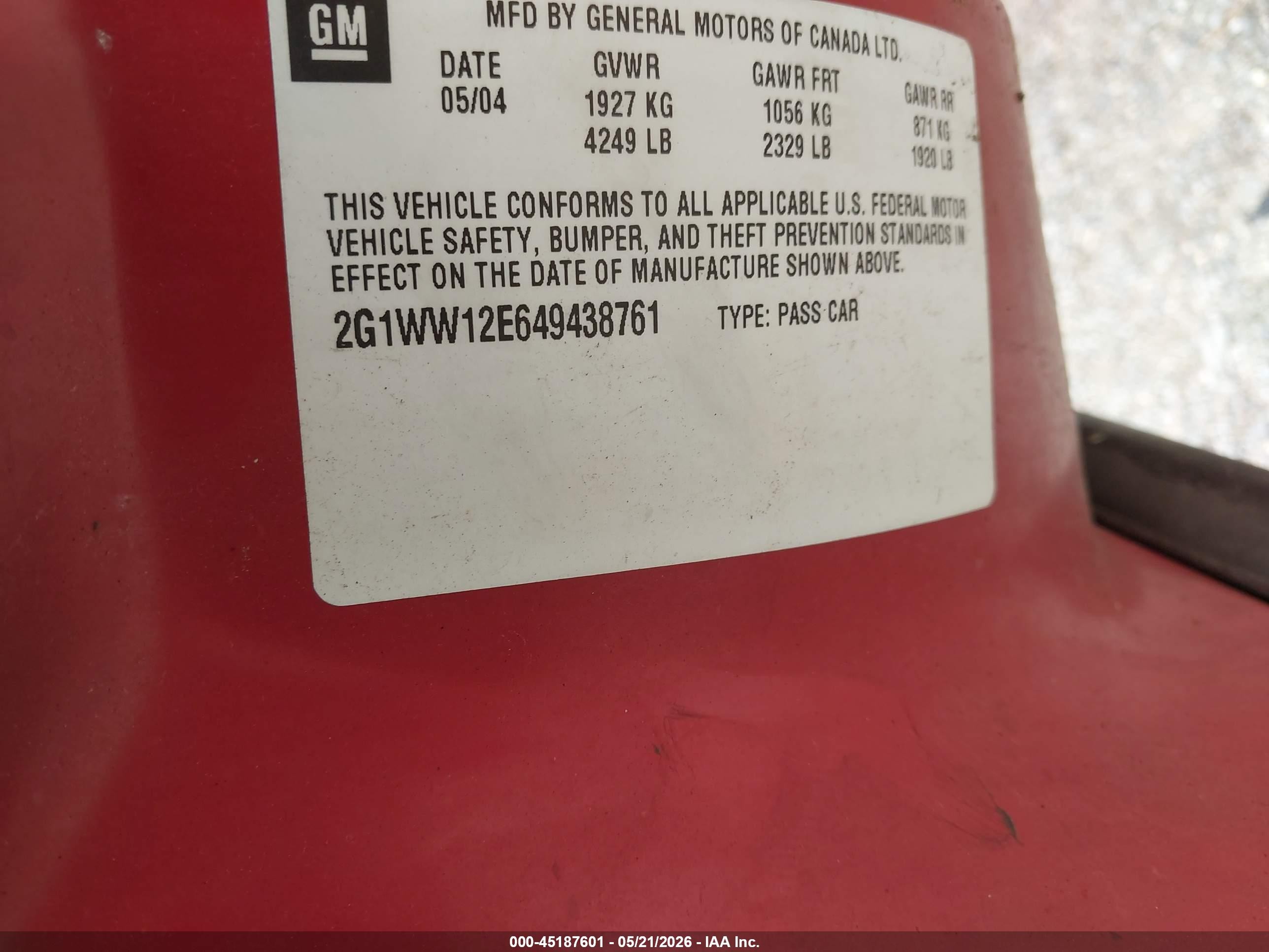 2004 Chevrolet Monte Carlo Ls Red vin: 2G1WW12E649438761