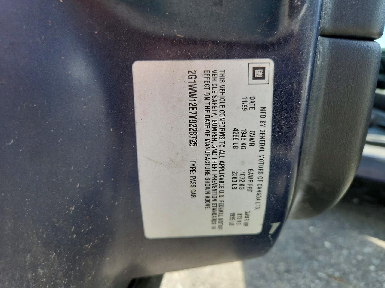 2000 Chevrolet Monte Carlo Ls Blue vin: 2G1WW12E7Y9228725
