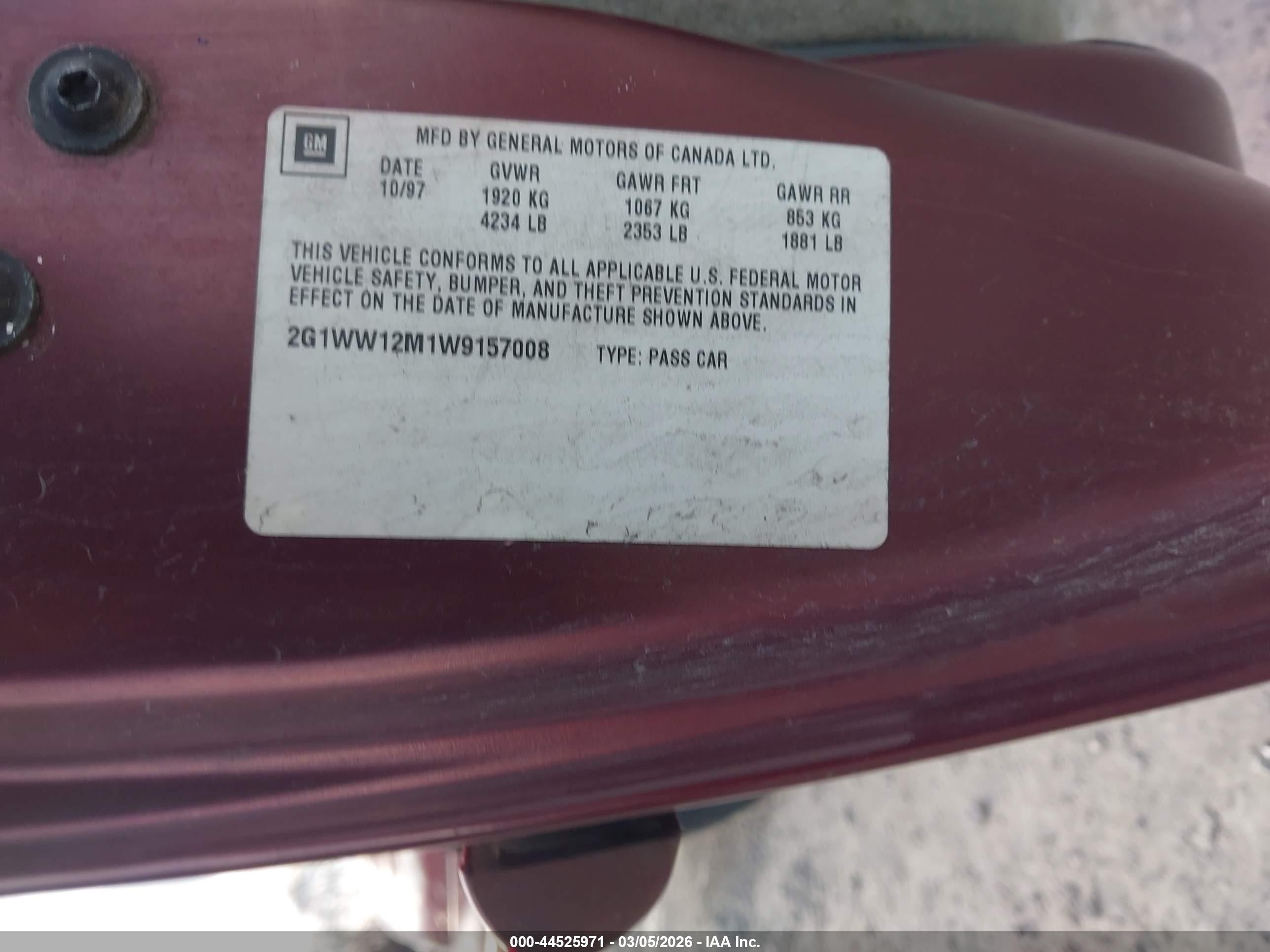 1998 Chevrolet Monte Carlo Ls Burgundy vin: 2G1WW12M1W9157008