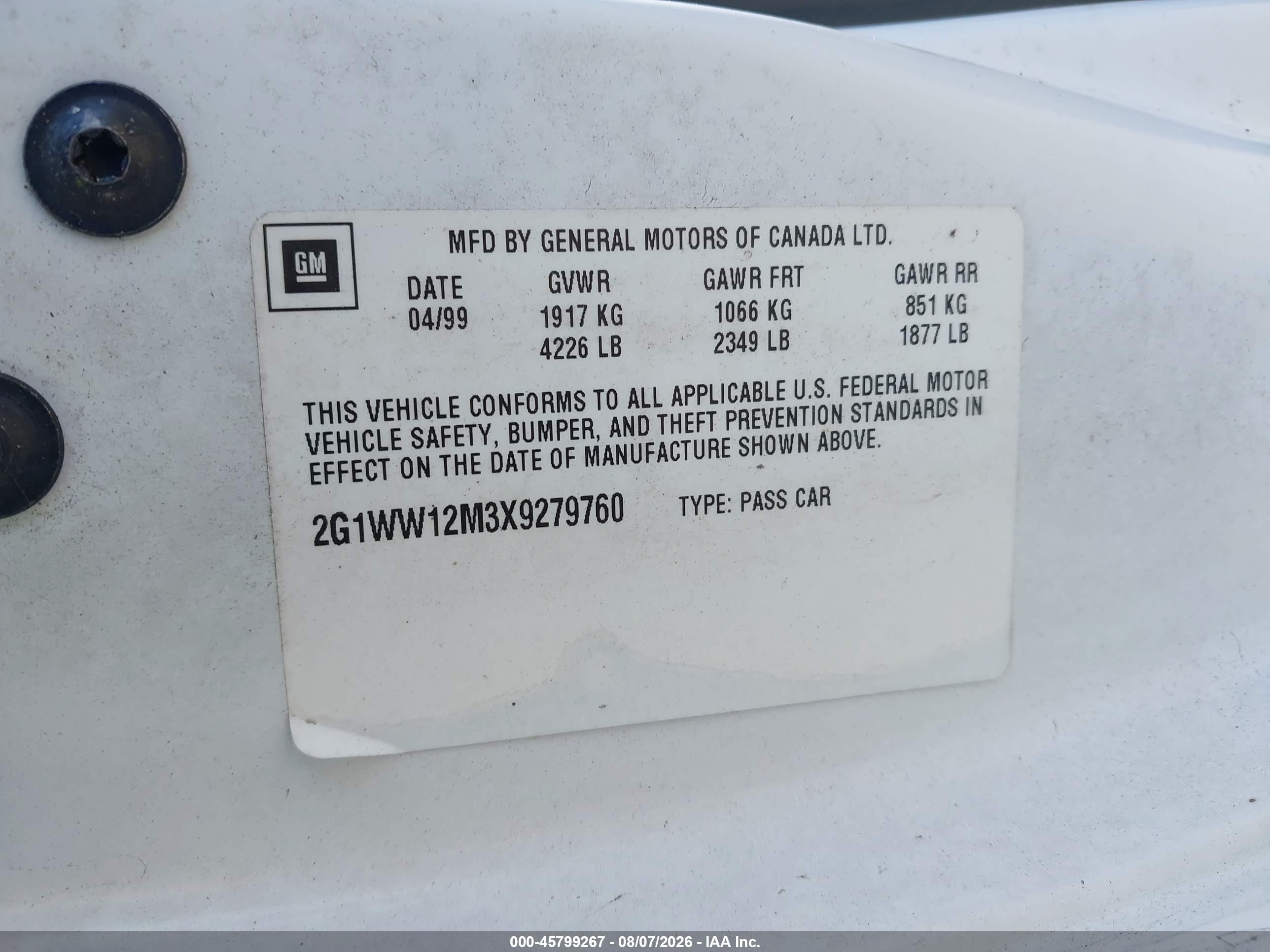 1999 Chevrolet Monte Carlo Ls Белый vin: 2G1WW12M3X9279760