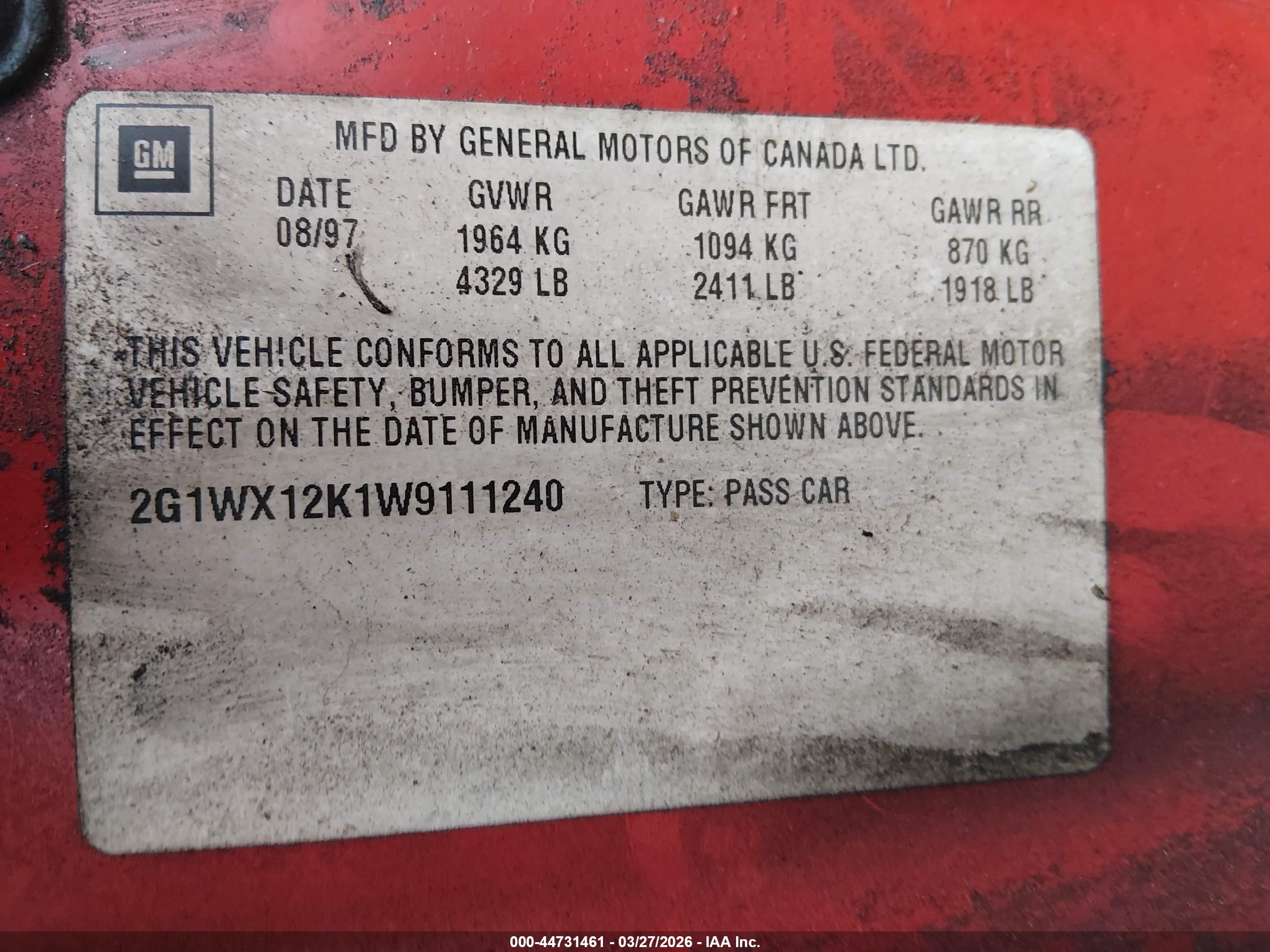1998 Chevrolet Monte Carlo Z34 Red vin: 2G1WX12K1W9111240
