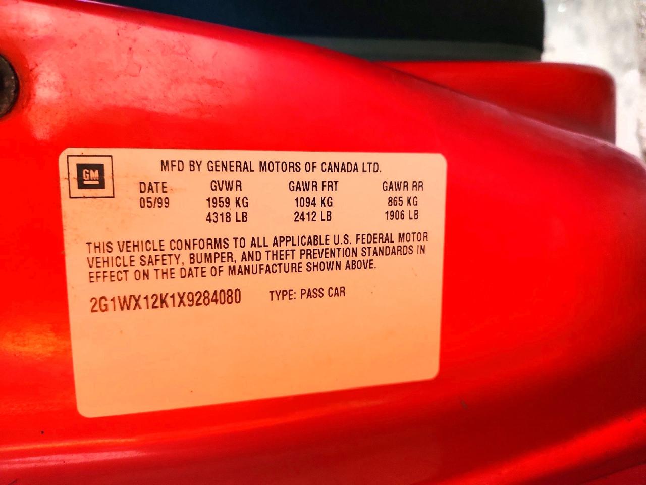 1999 Chevrolet Monte Carlo Z34 Red vin: 2G1WX12K1X9284080