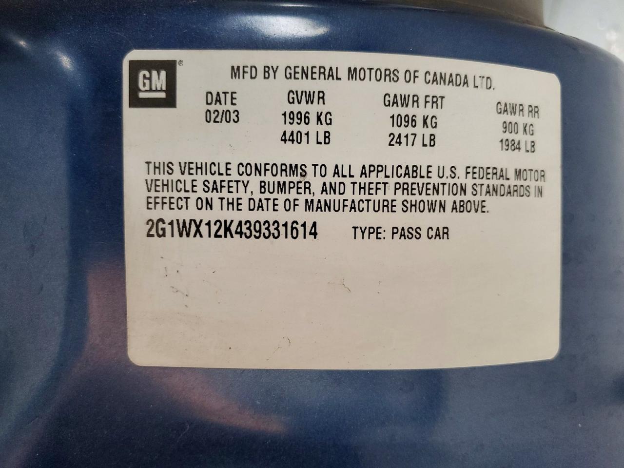 2003 Chevrolet Monte Carlo Ss Blue vin: 2G1WX12K439331614