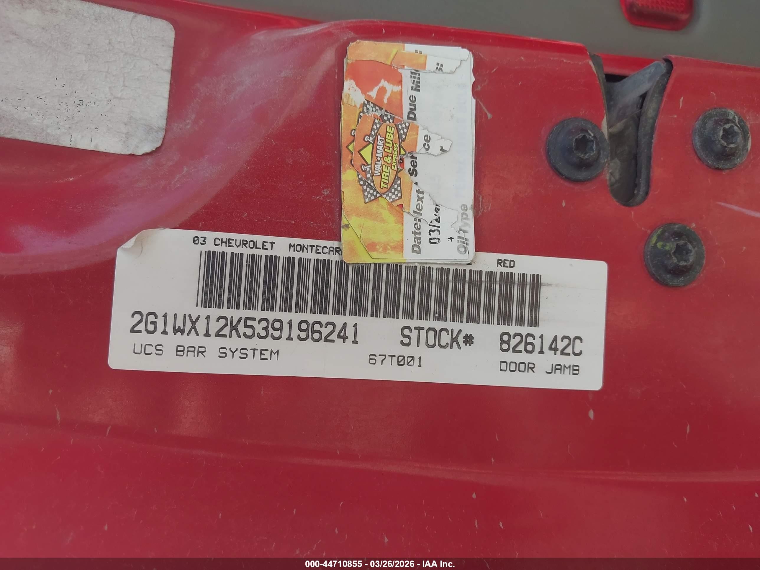 2003 Chevrolet Monte Carlo Ss Red vin: 2G1WX12K539196241