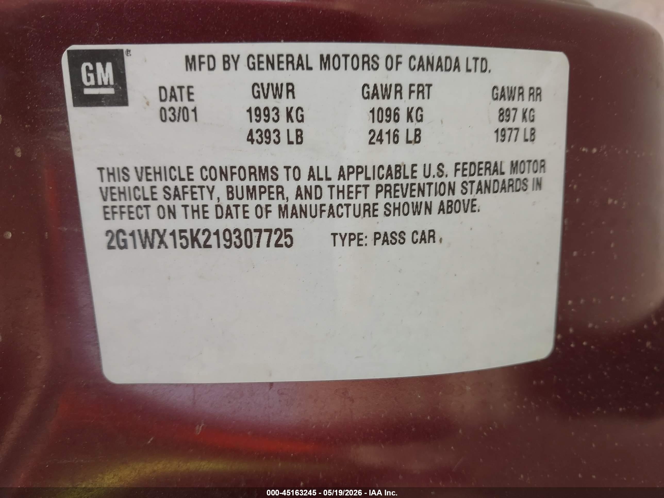 2001 Chevrolet Monte Carlo Ss Maroon vin: 2G1WX15K219307725