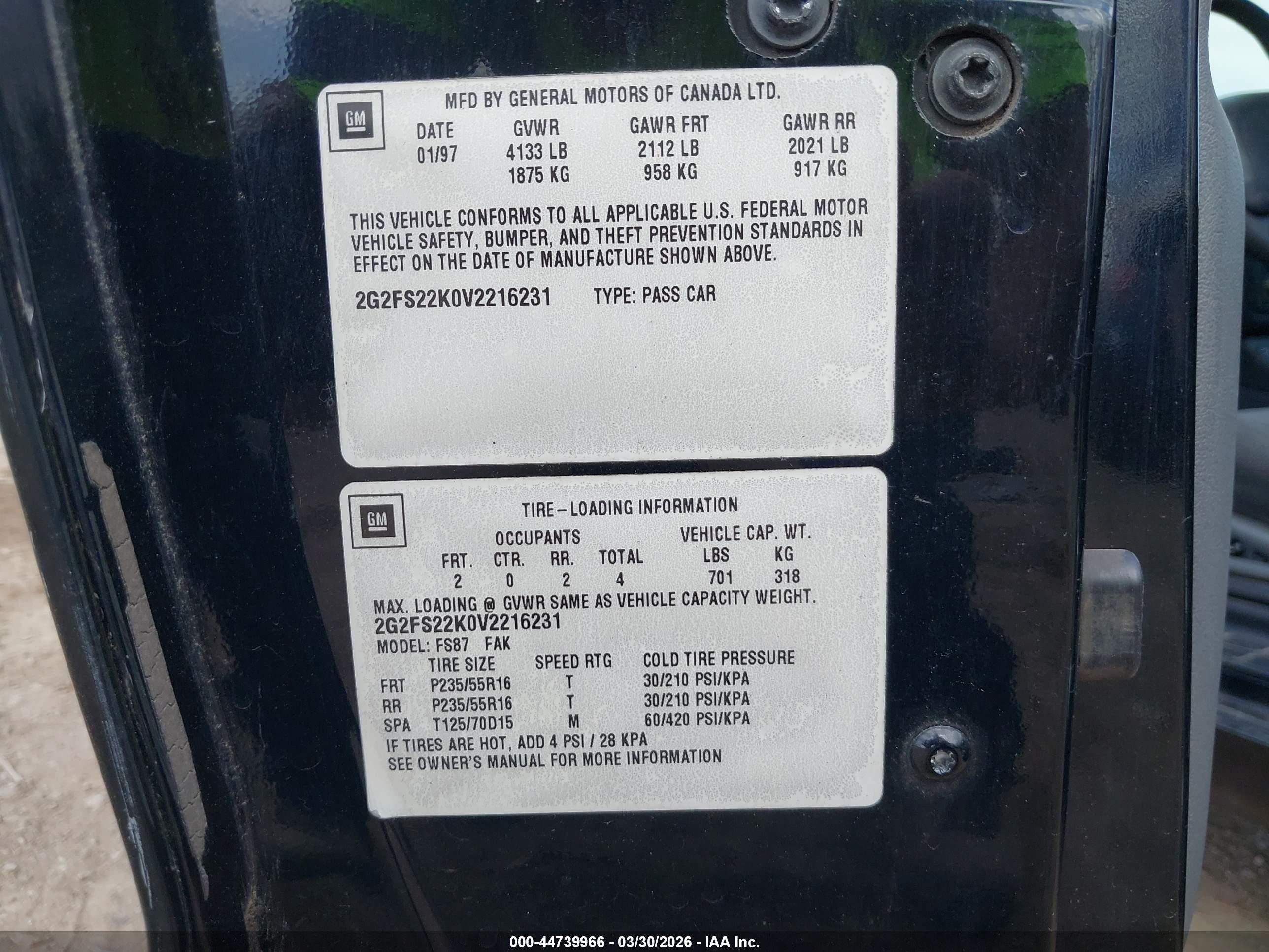 1997 Pontiac Firebird   Черный vin: 2G2FS22K0V2216231