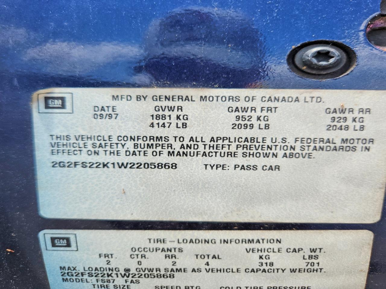 1998 Pontiac Firebird Blue vin: 2G2FS22K1W2205868