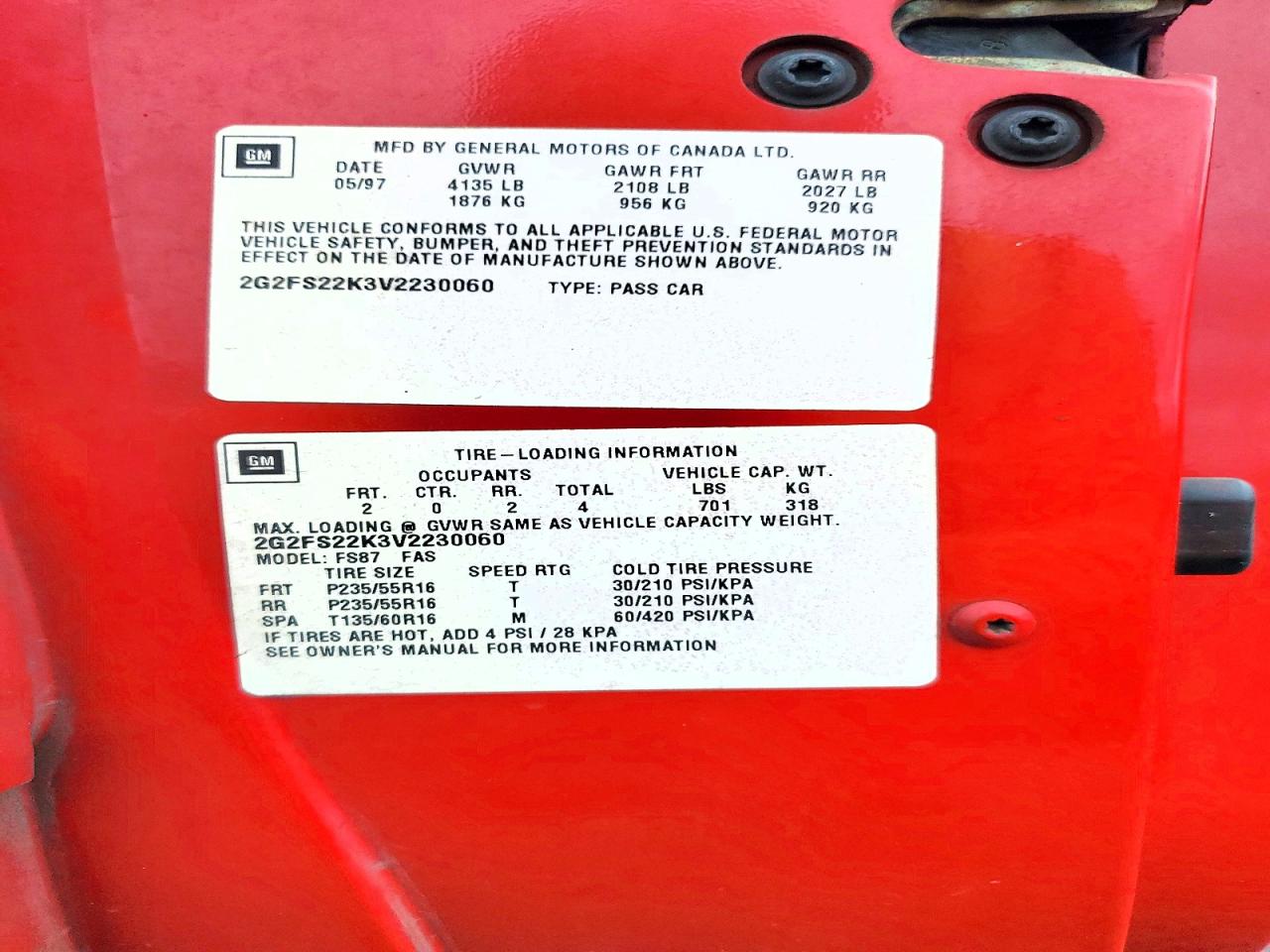 1997 Pontiac Firebird Red vin: 2G2FS22K3V2230060