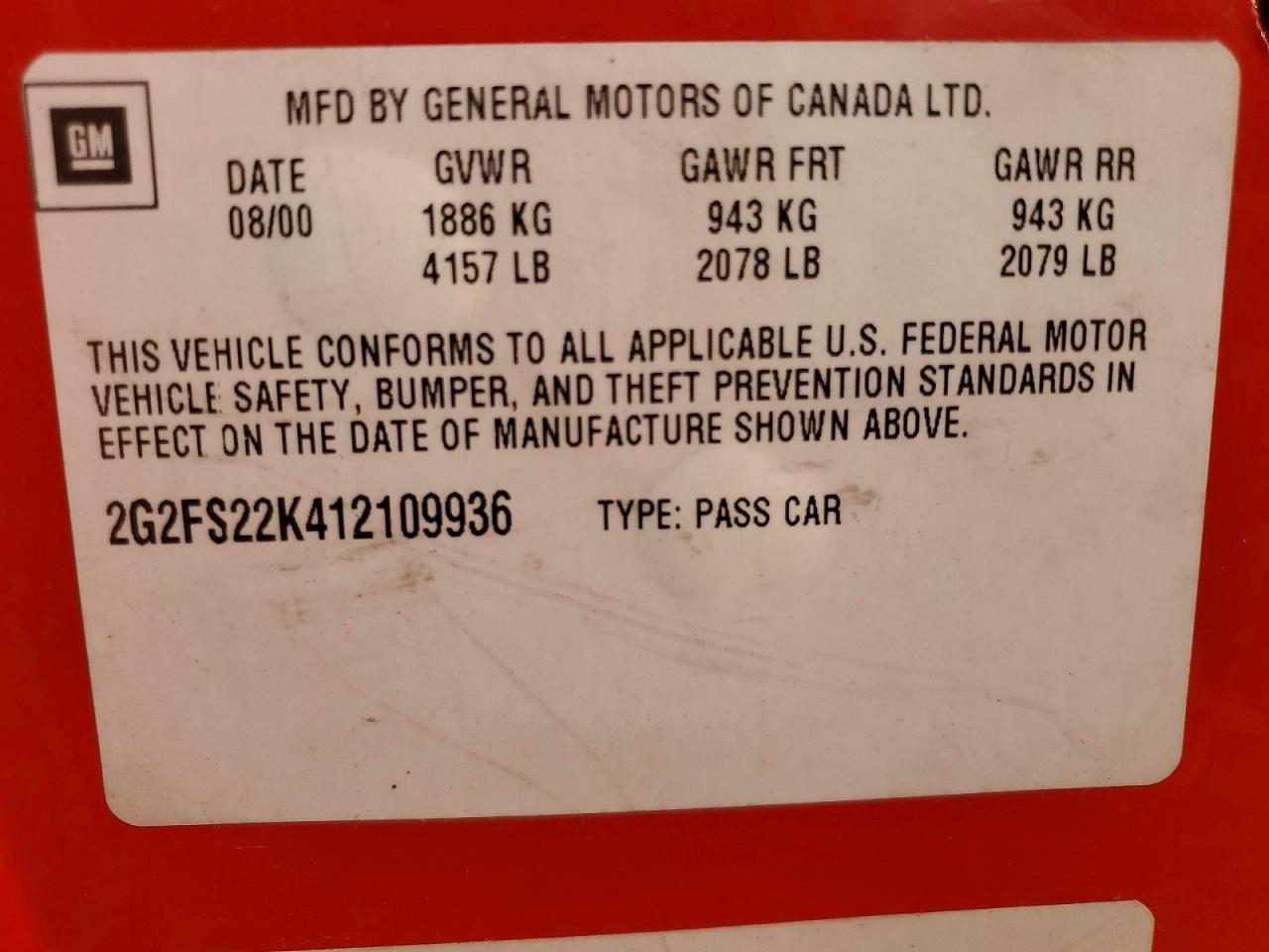 2001 Pontiac Firebird Red vin: 2G2FS22K412109936